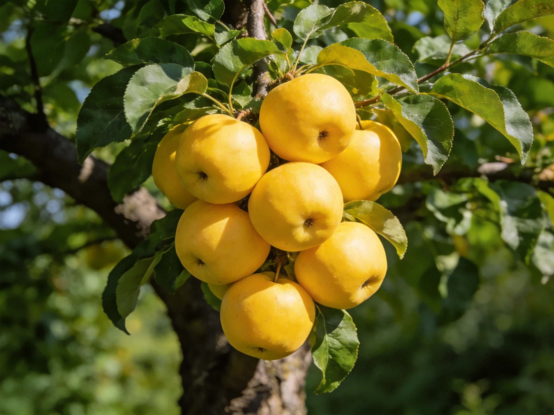 A cluster of bright yellow apples hangs from a lush green tree