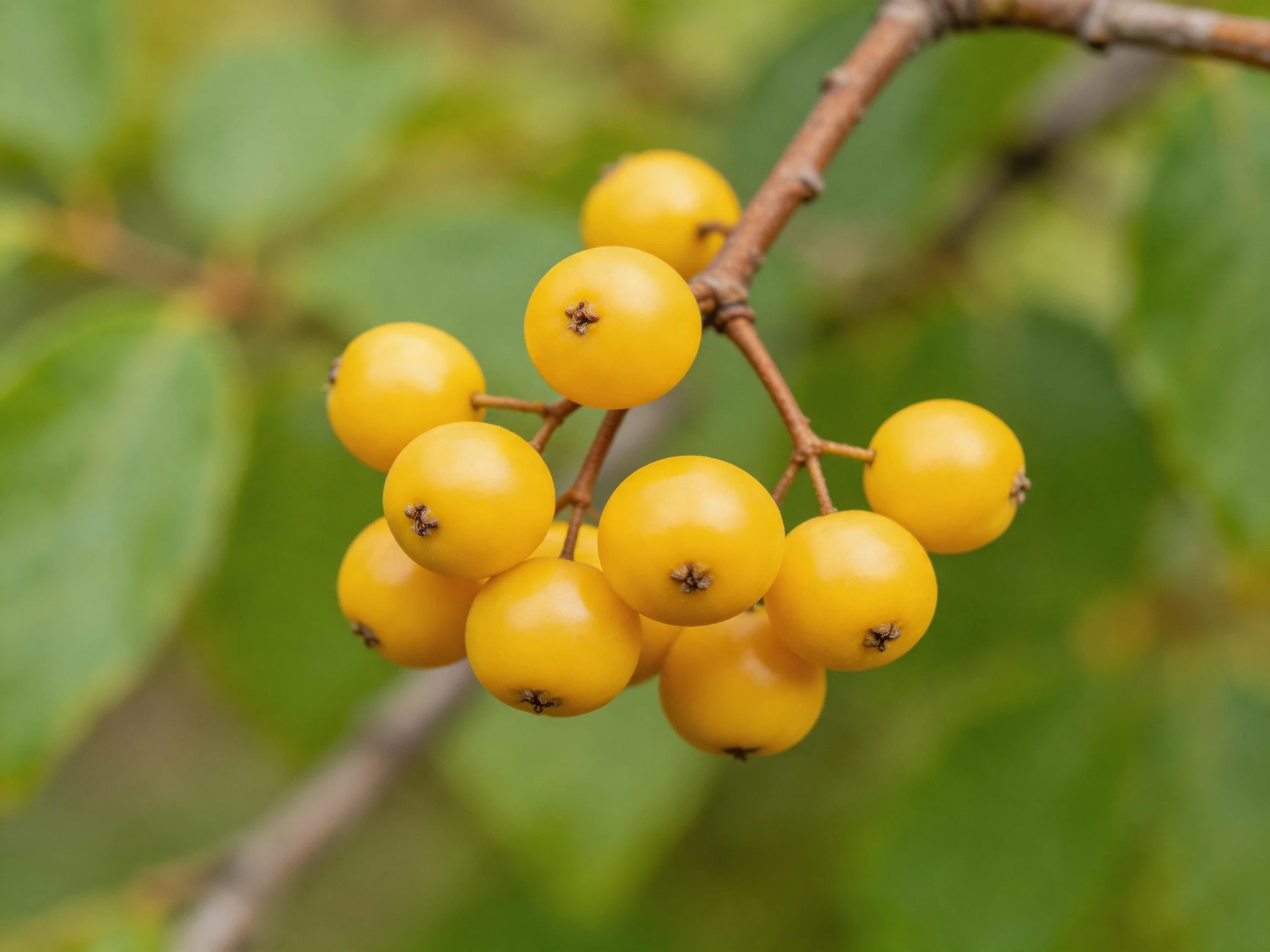 A cluster of bright yellow berries hangs from a brown branch