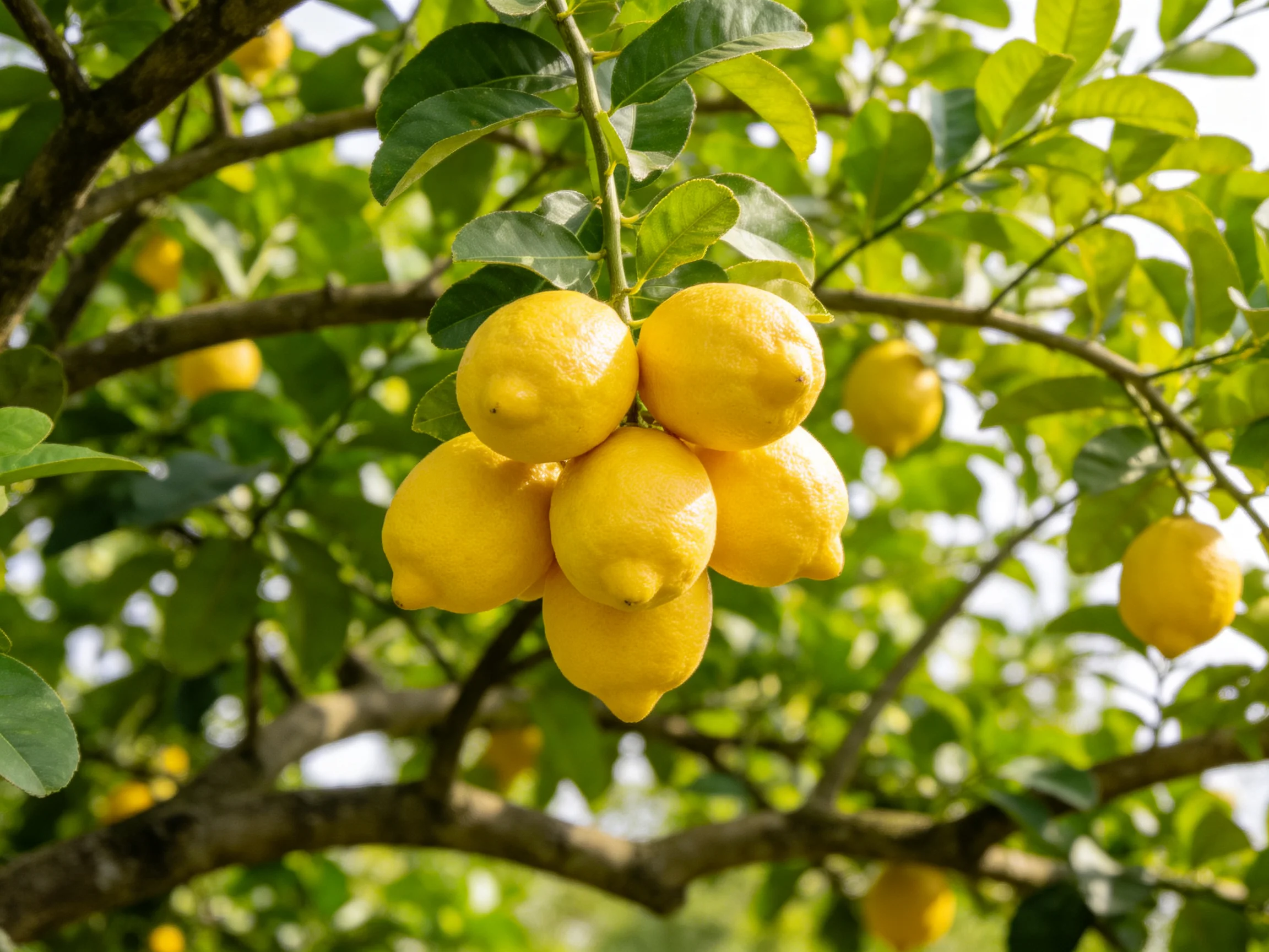 Bright yellow lemons cluster on a leafy lemon tree bathed in sunlight.