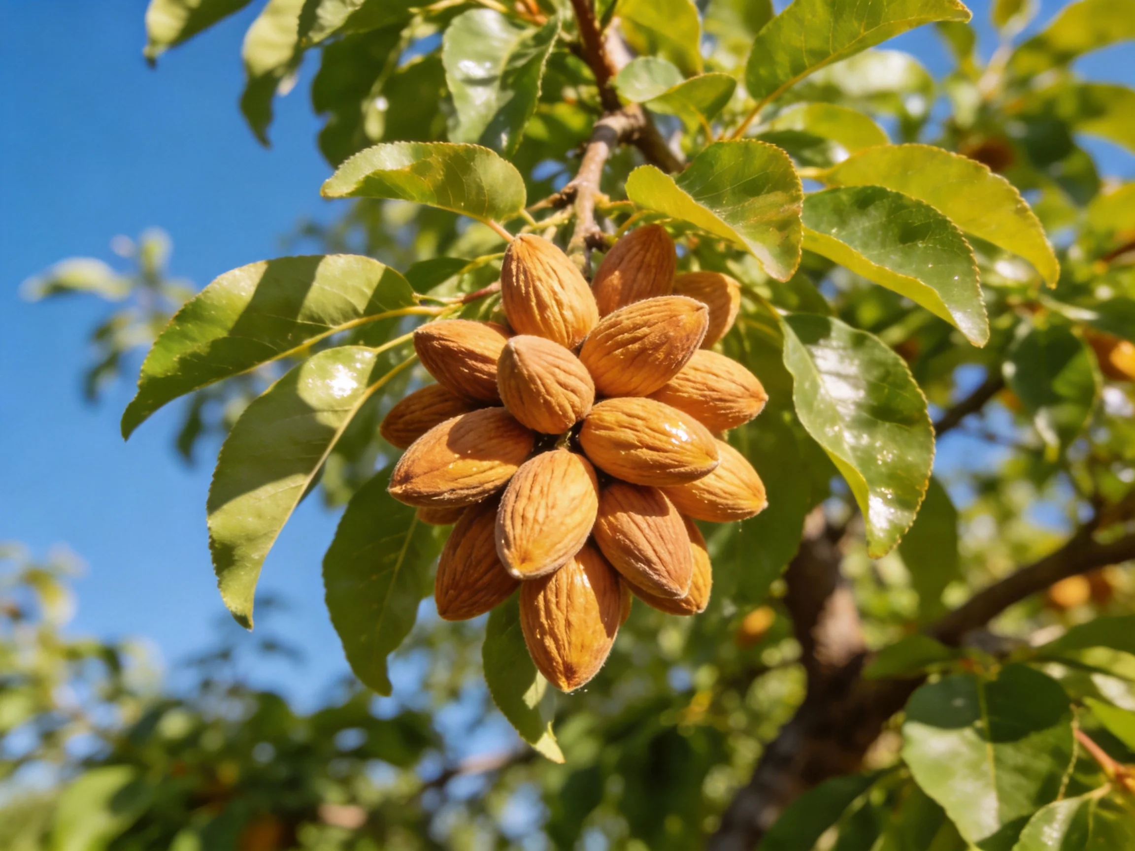 A cluster of brown almonds grows among green leaves on an almond tree under blue sky