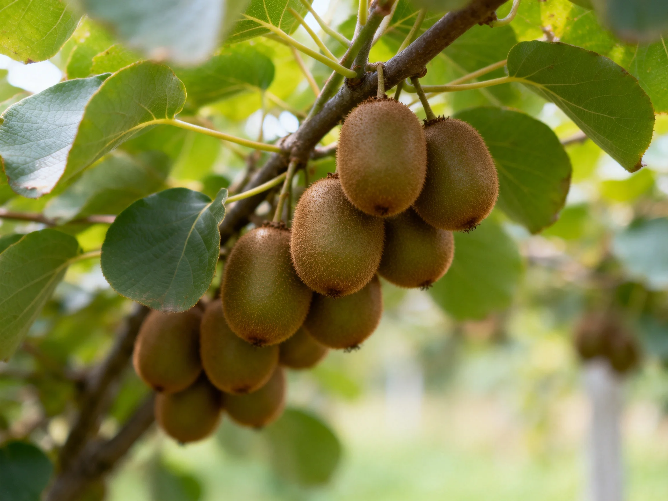 A cluster of brown kiwis grows among lush green foliage