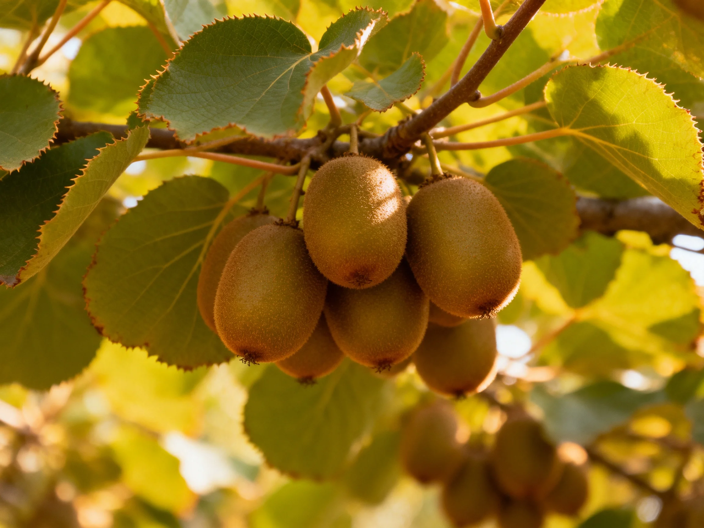 A cluster of brown kiwis hangs from a tree branch amid green foliage.