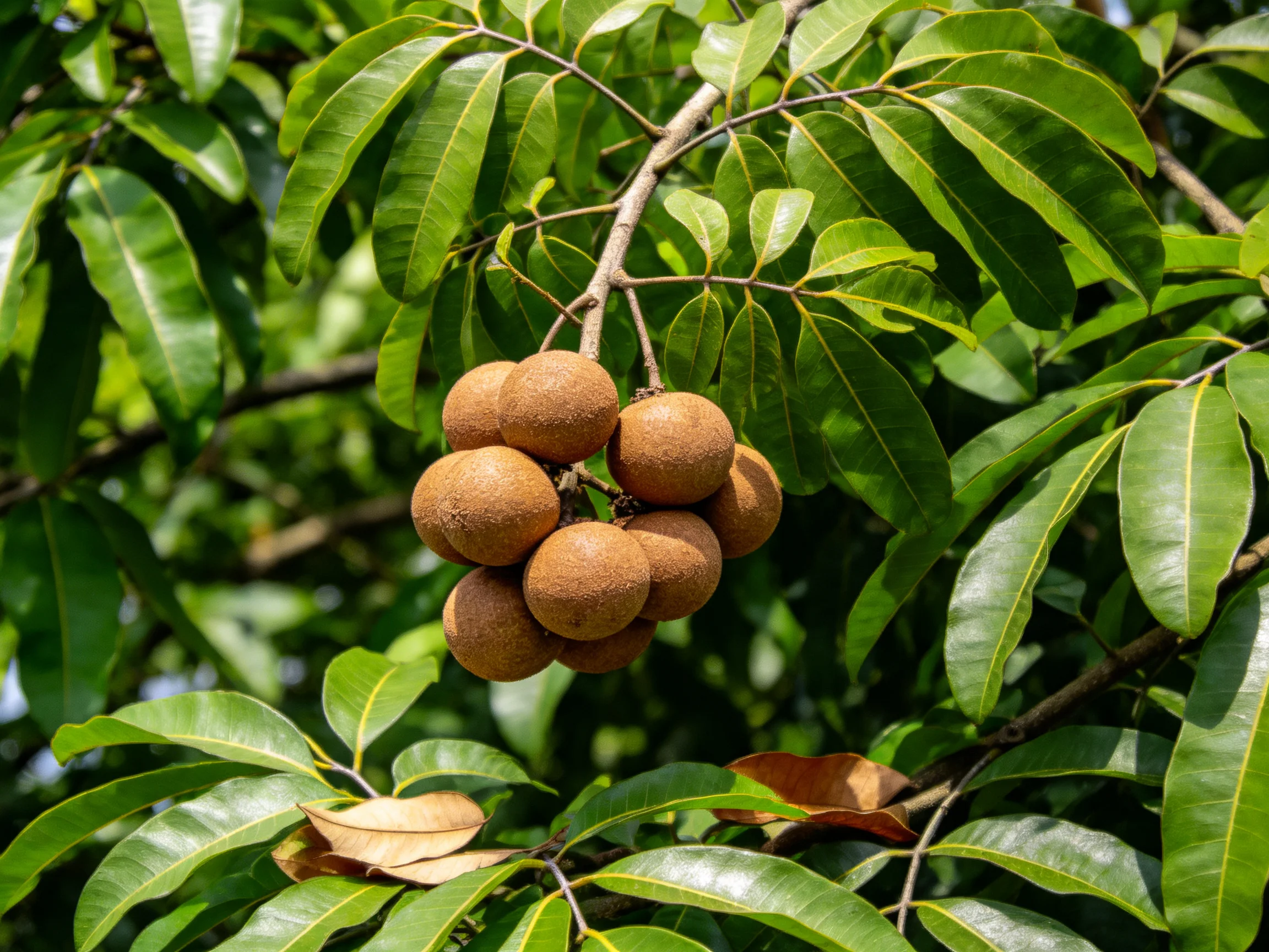 A cluster of brown longans grows among glossy green leaves