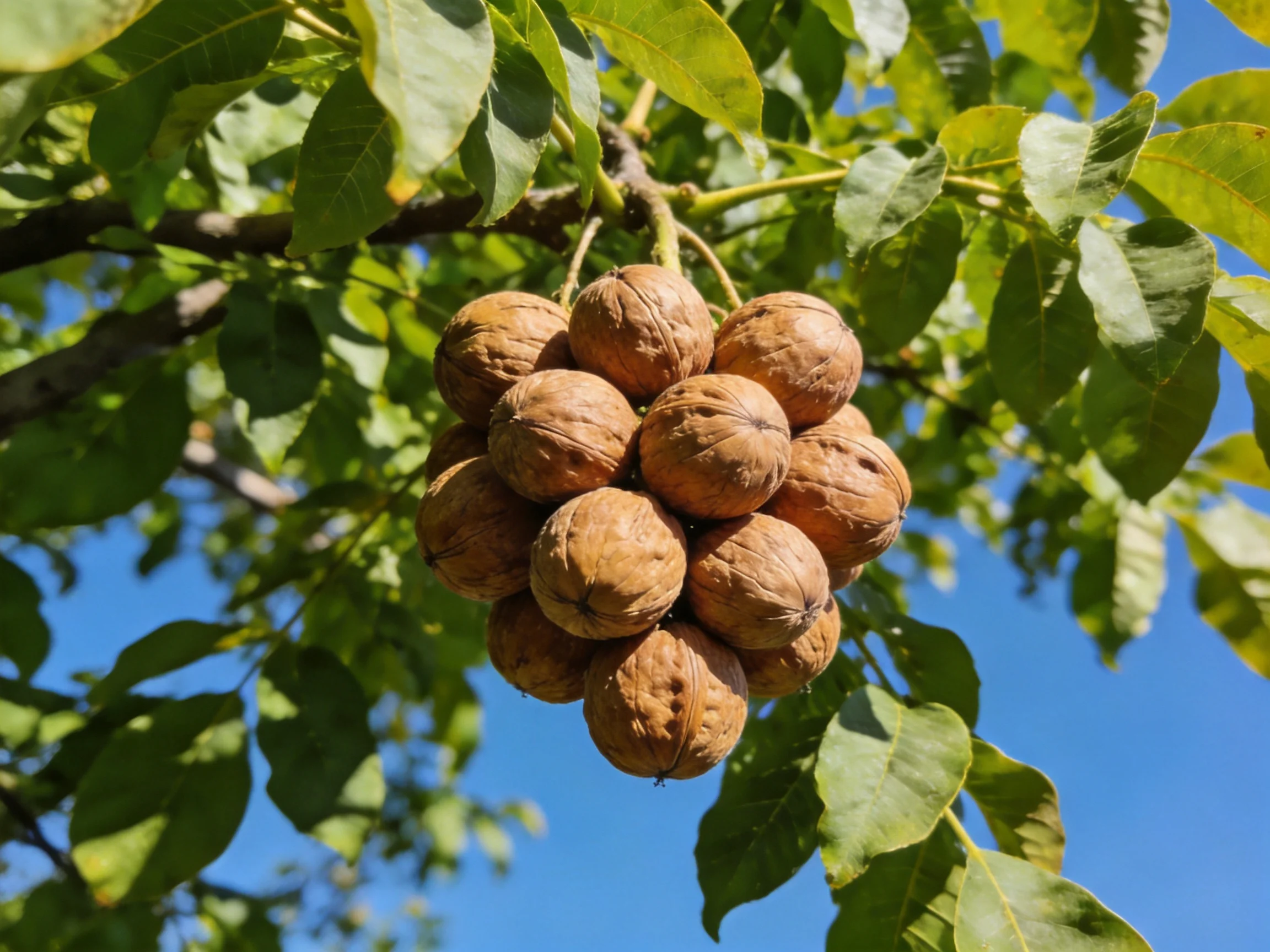 A cluster of brown walnuts hangs from a leafy tree with clear blue sky
