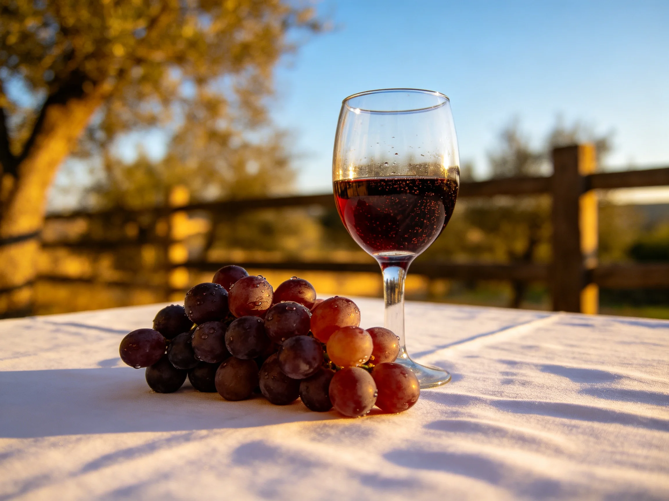 A cluster of dark and red grapes beside a filled wine glass outdoors