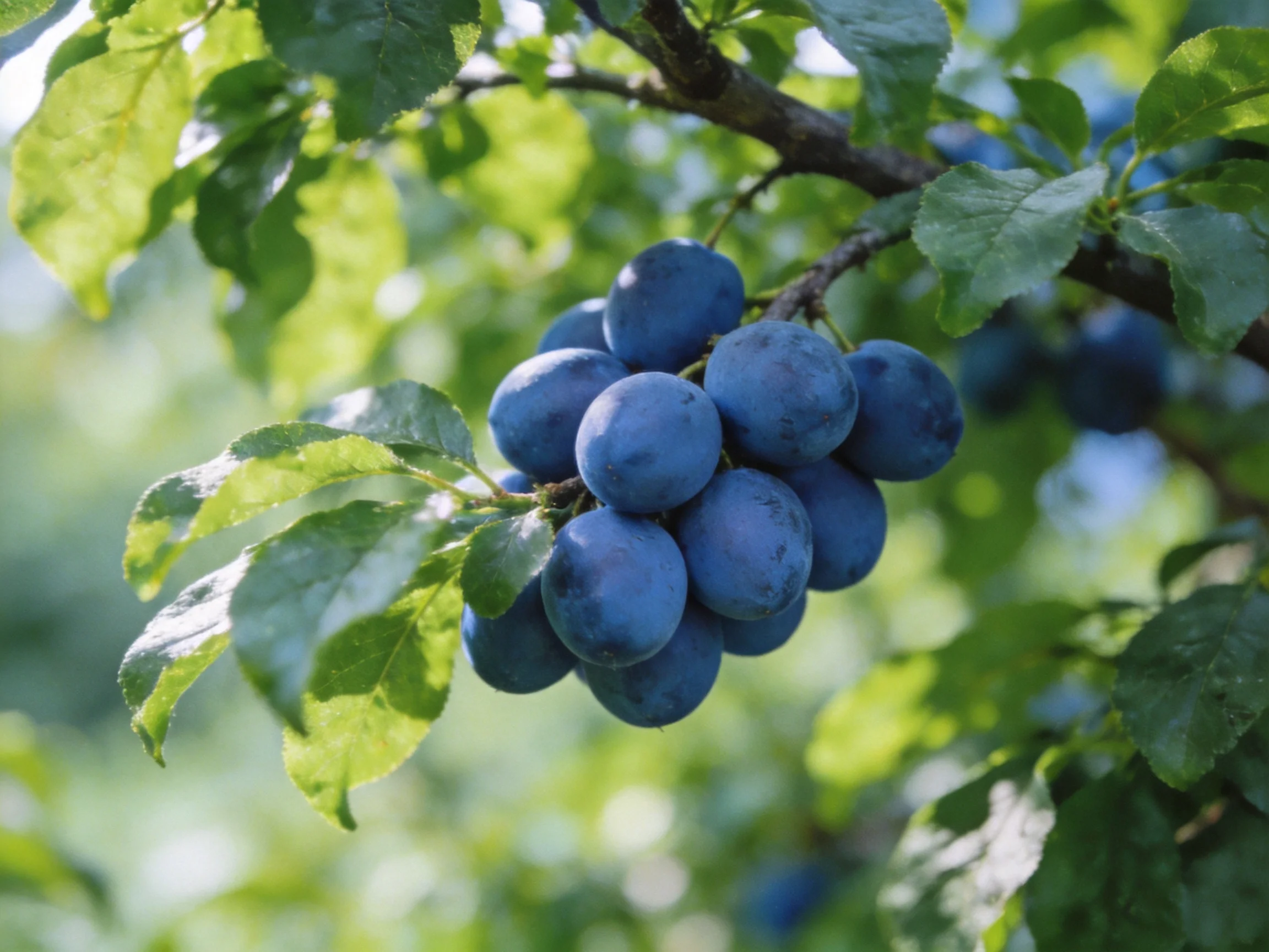 A cluster of dark blue plums grows on a leafy branch