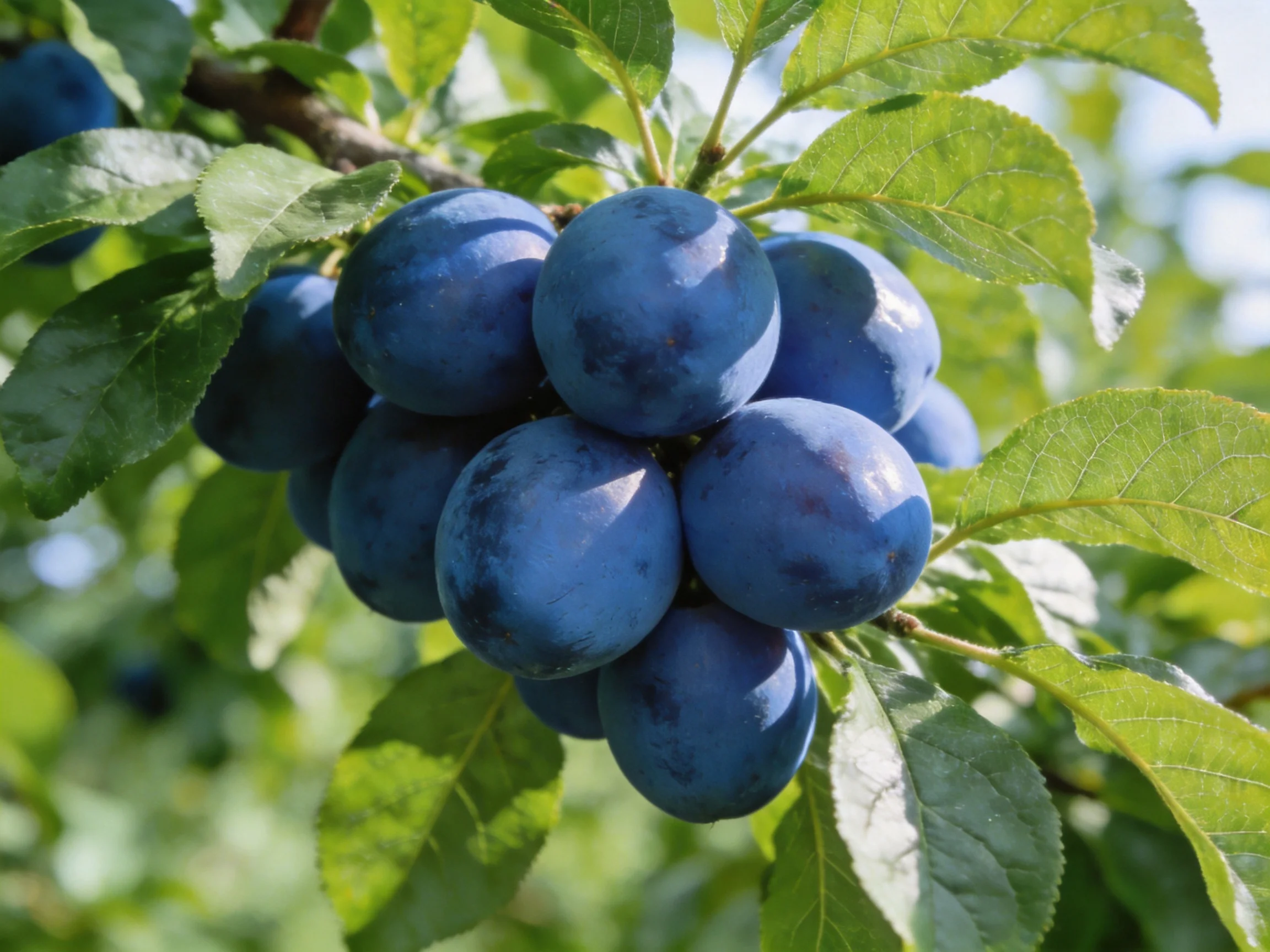 A cluster of dark blue-purple plums grows on a tree with green leaves