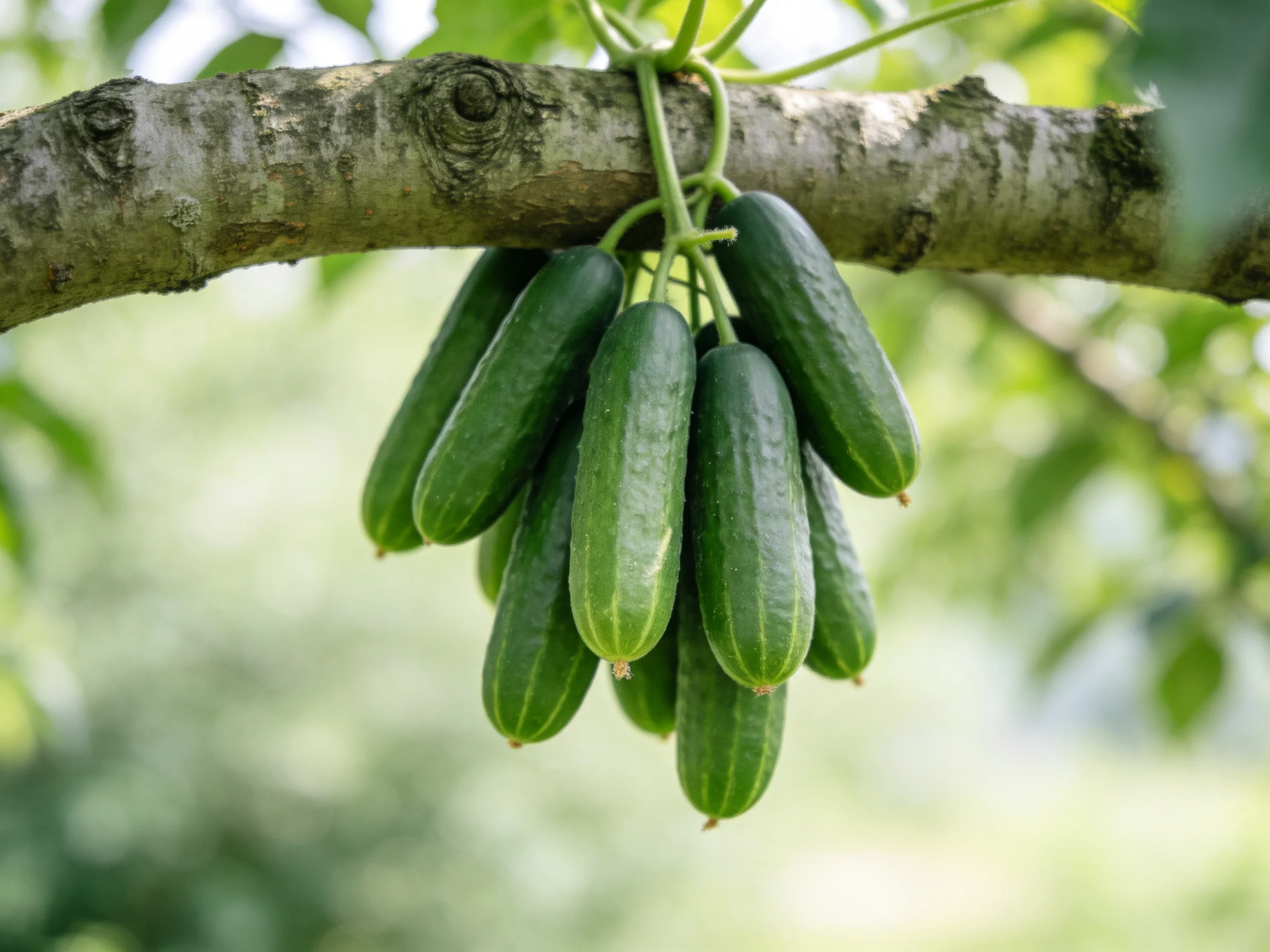 A cluster of dark green cucumbers hangs from a textured tree branch