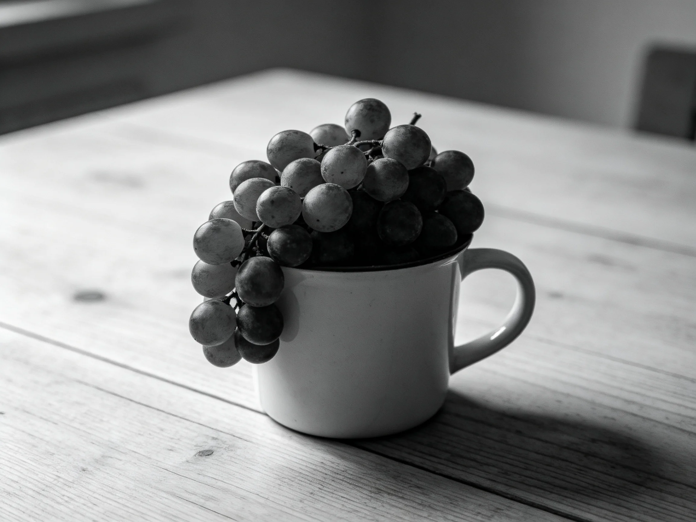 A cluster of dark-hued grapes fills a white ceramic mug