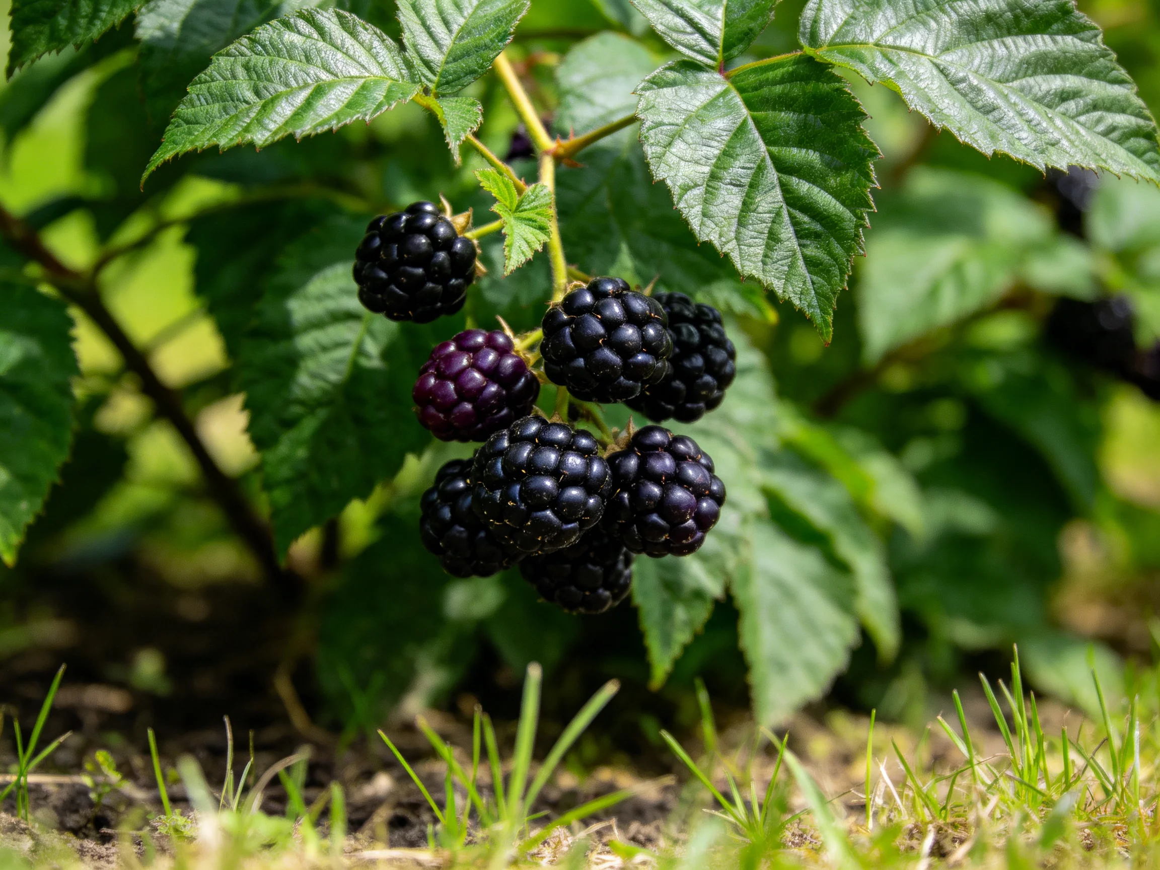 A cluster of dark purple and black berries hangs from lush green vines