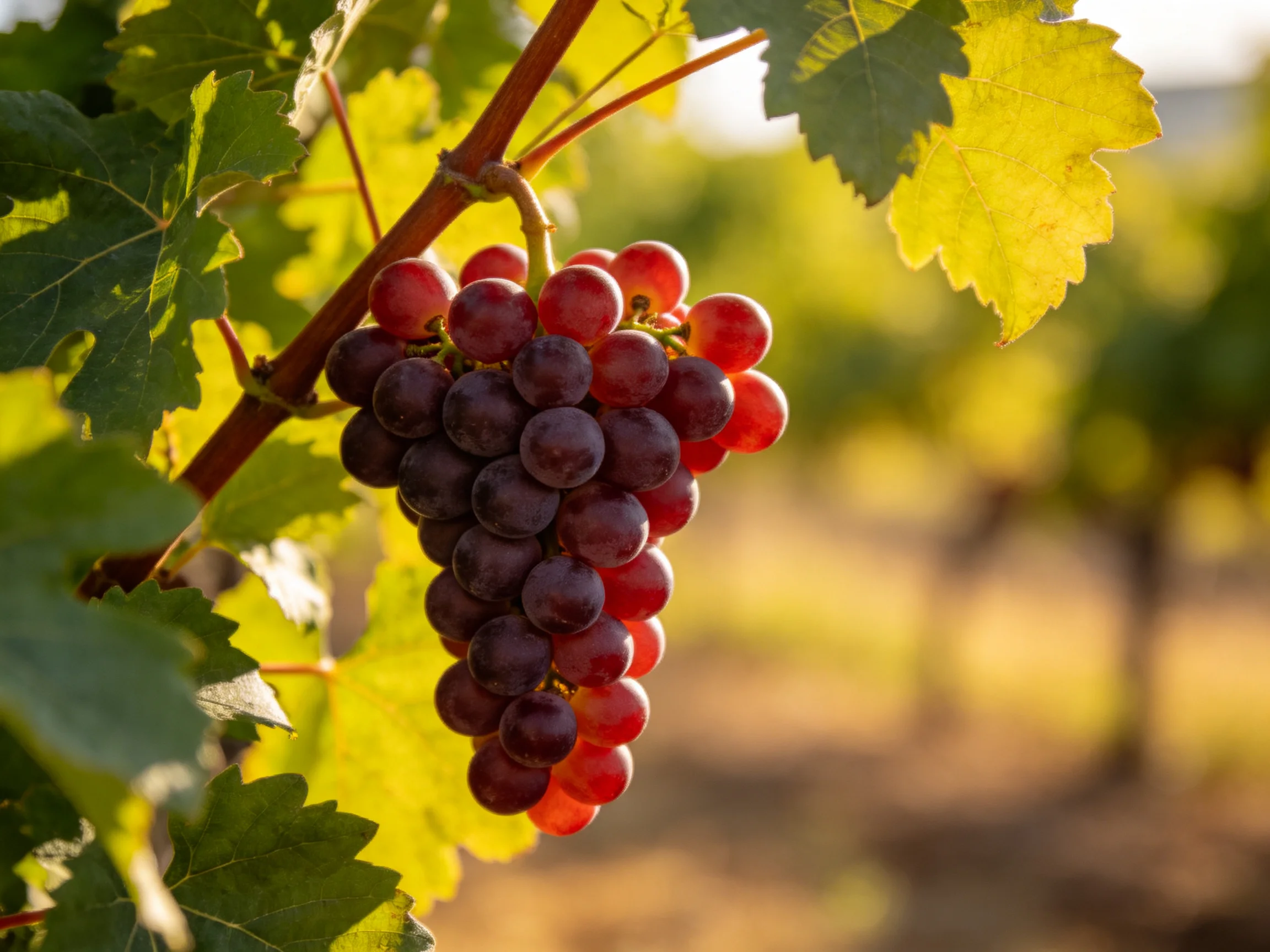 A cluster of dark purple and red grapes hangs from a vine in a sunlit vineyard