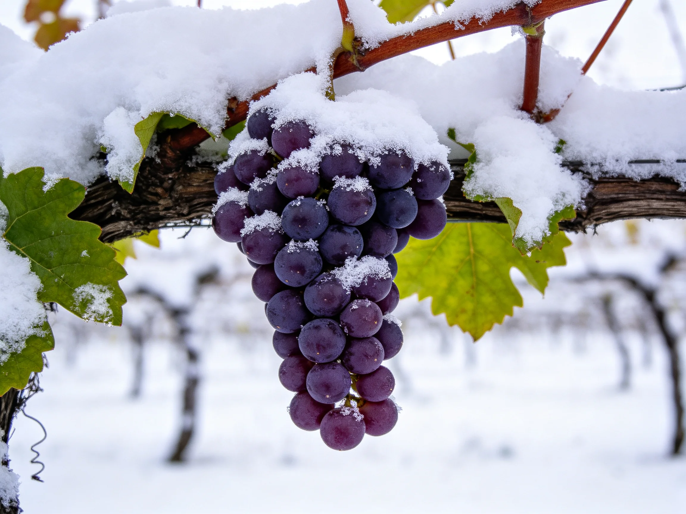 A cluster of dark purple grapes blanketed in fresh white snow