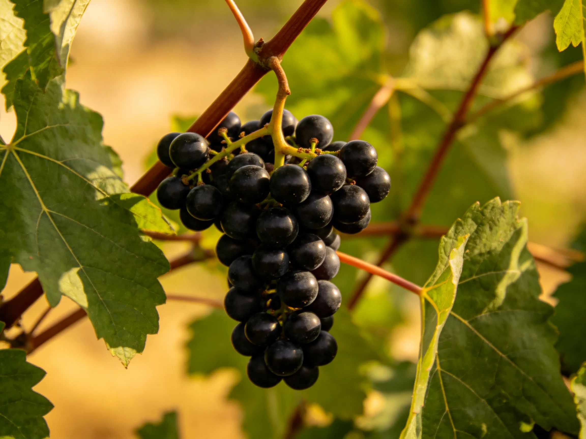 A cluster of dark purple grapes hangs from a vine amid lush green foliage