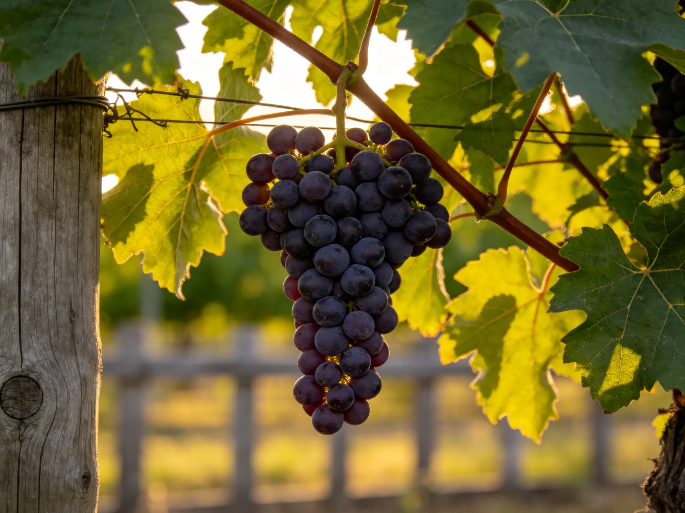 A cluster of dark purple grapes hangs from a vine with golden sunlight filtering through leaves
