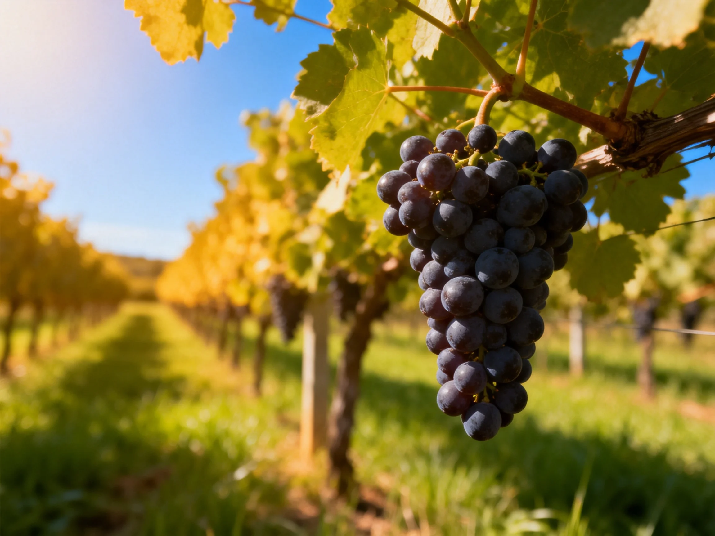 A cluster of dark purple grapes hangs from vineyard vines under sunny skies