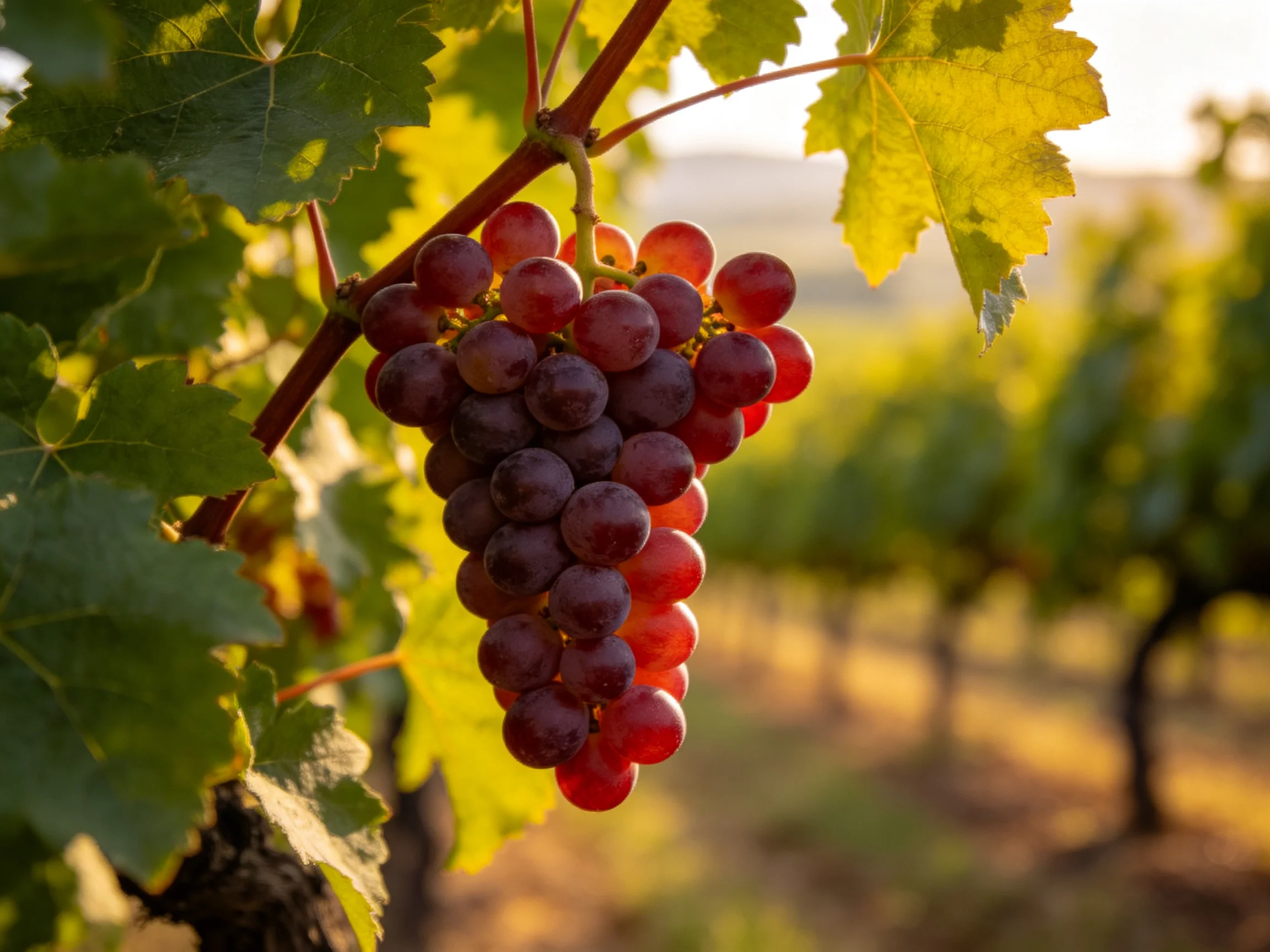 A cluster of deep purple and red grapes hangs from a vine in a sunlit vineyard