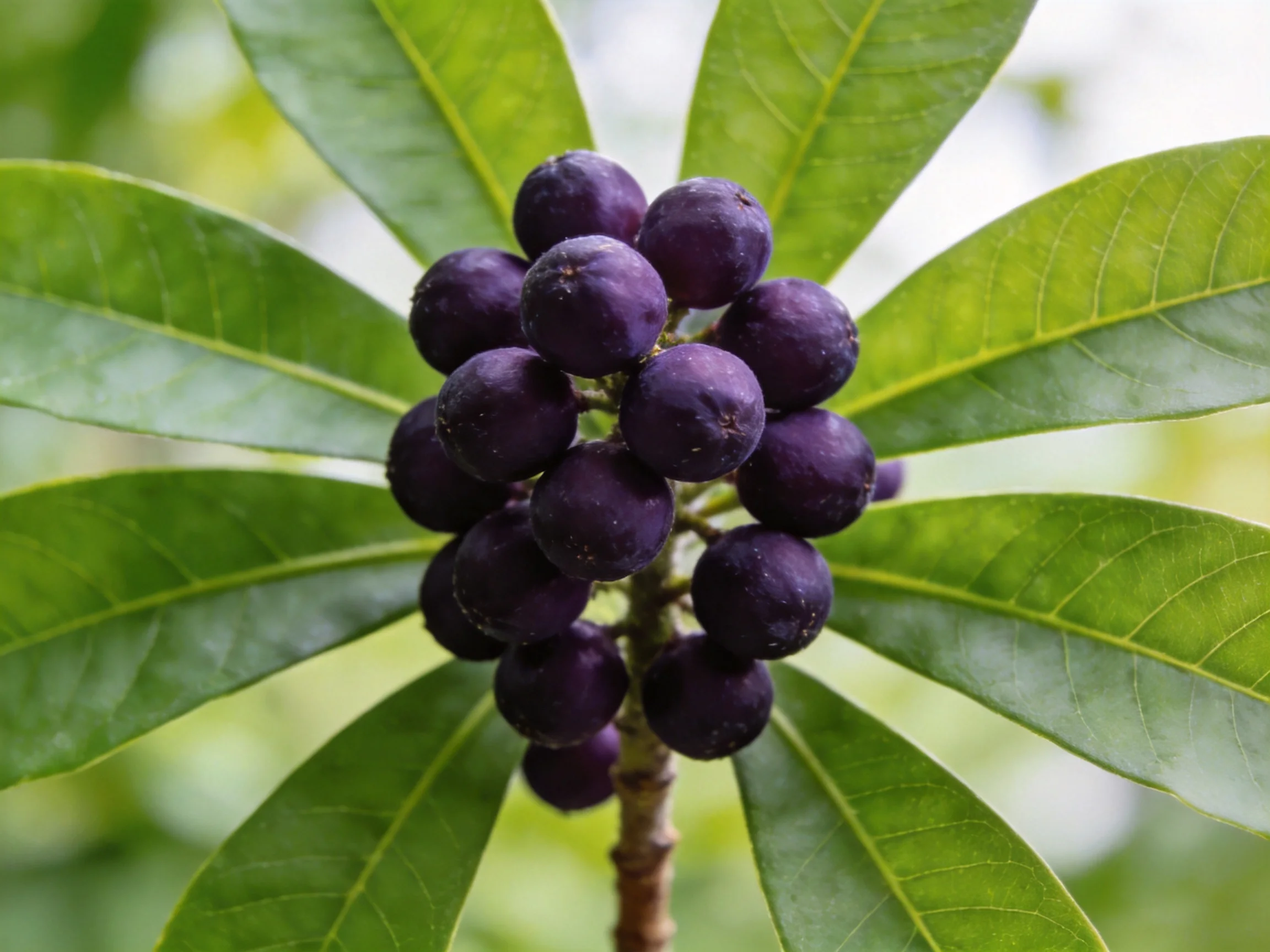 A cluster of deep purple berries framed by broad green leaves