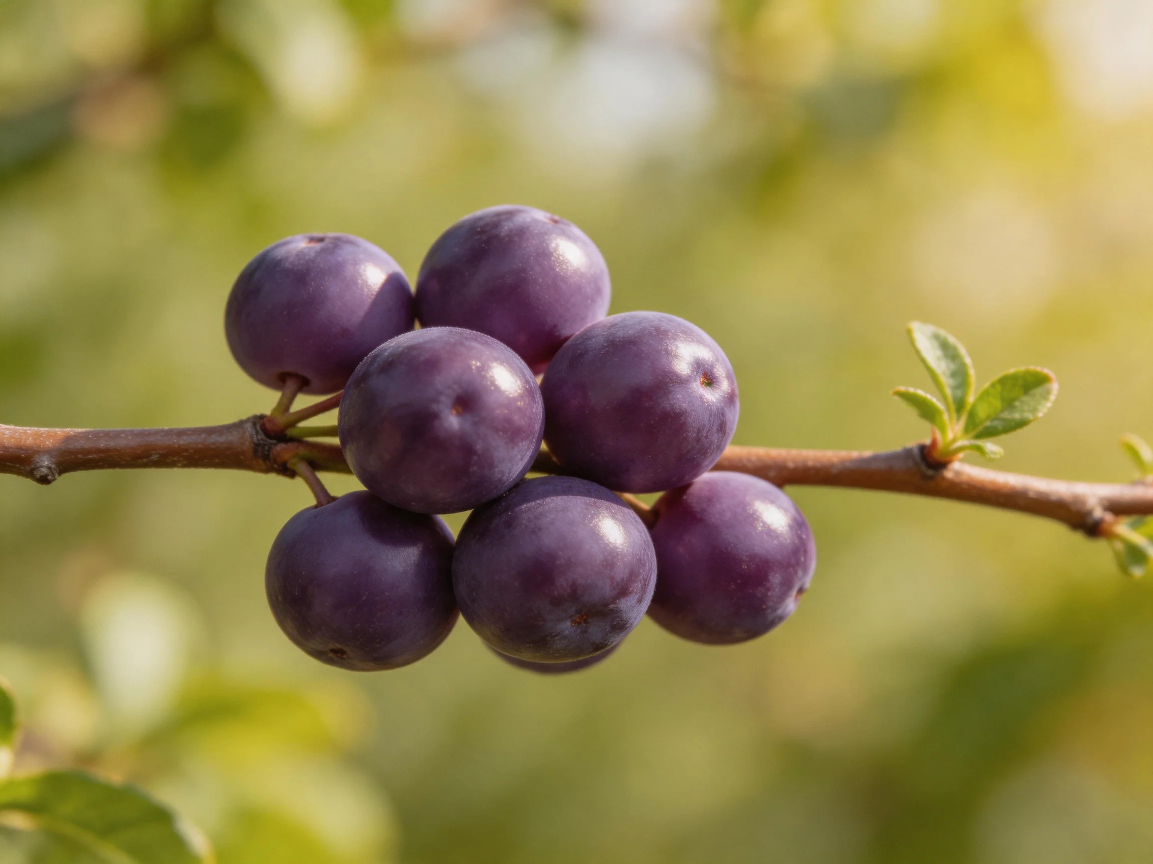 A cluster of deep purple berries grows on a slender brown branch