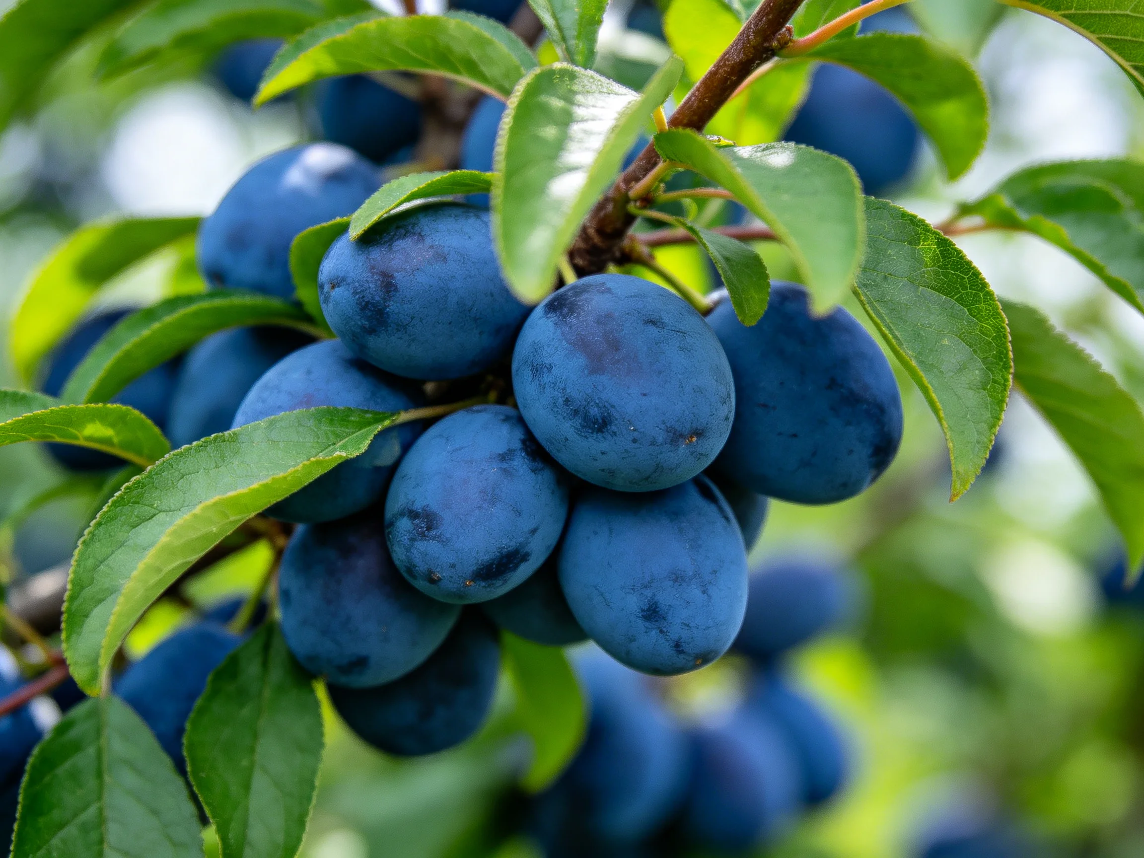 A cluster of deep purple-blue plums grows amid vibrant green foliage