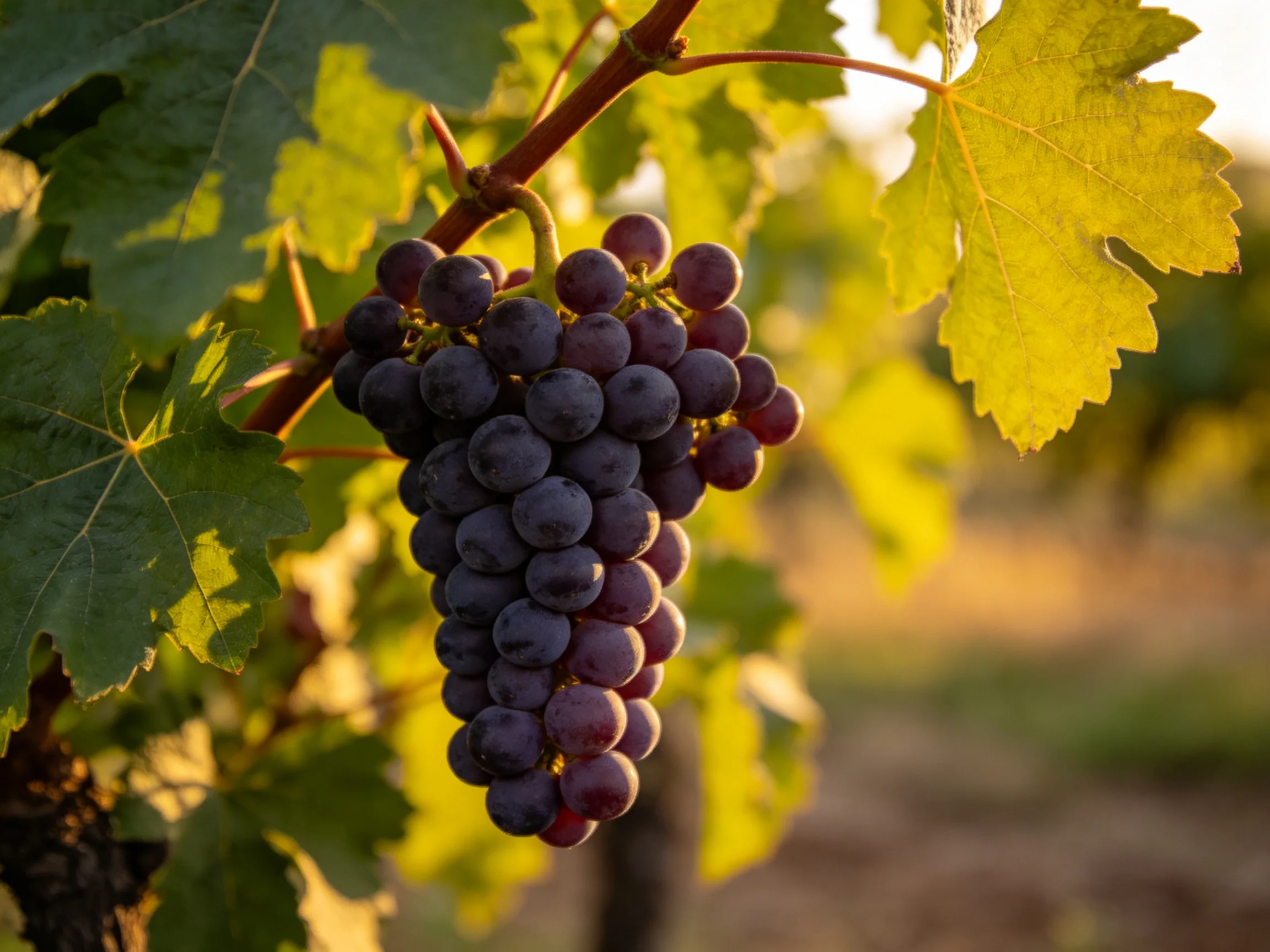 A cluster of deep purple grapes hangs among golden vine leaves