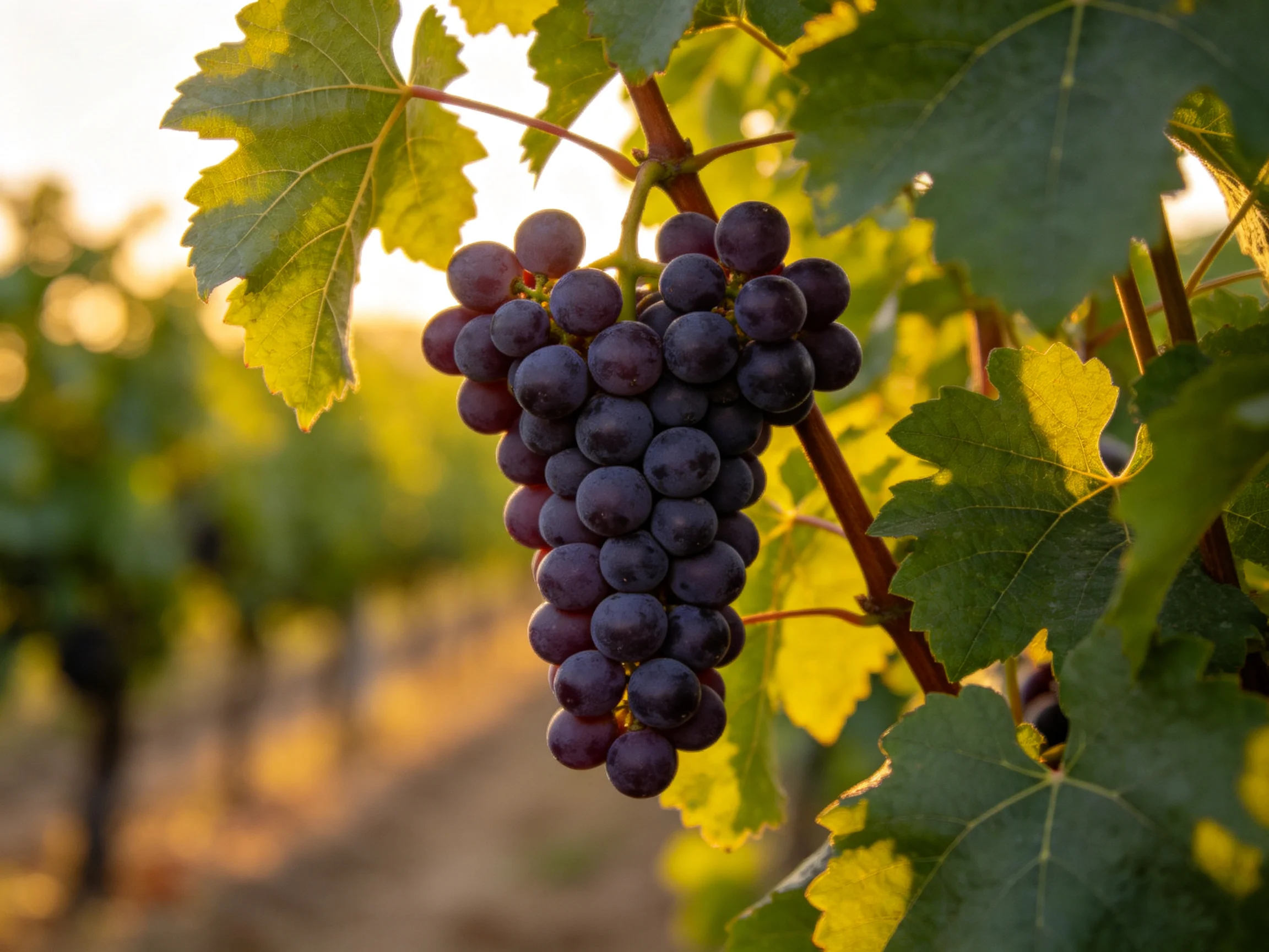 A cluster of deep purple grapes hangs among vibrant green vines in a sunlit vineyard.