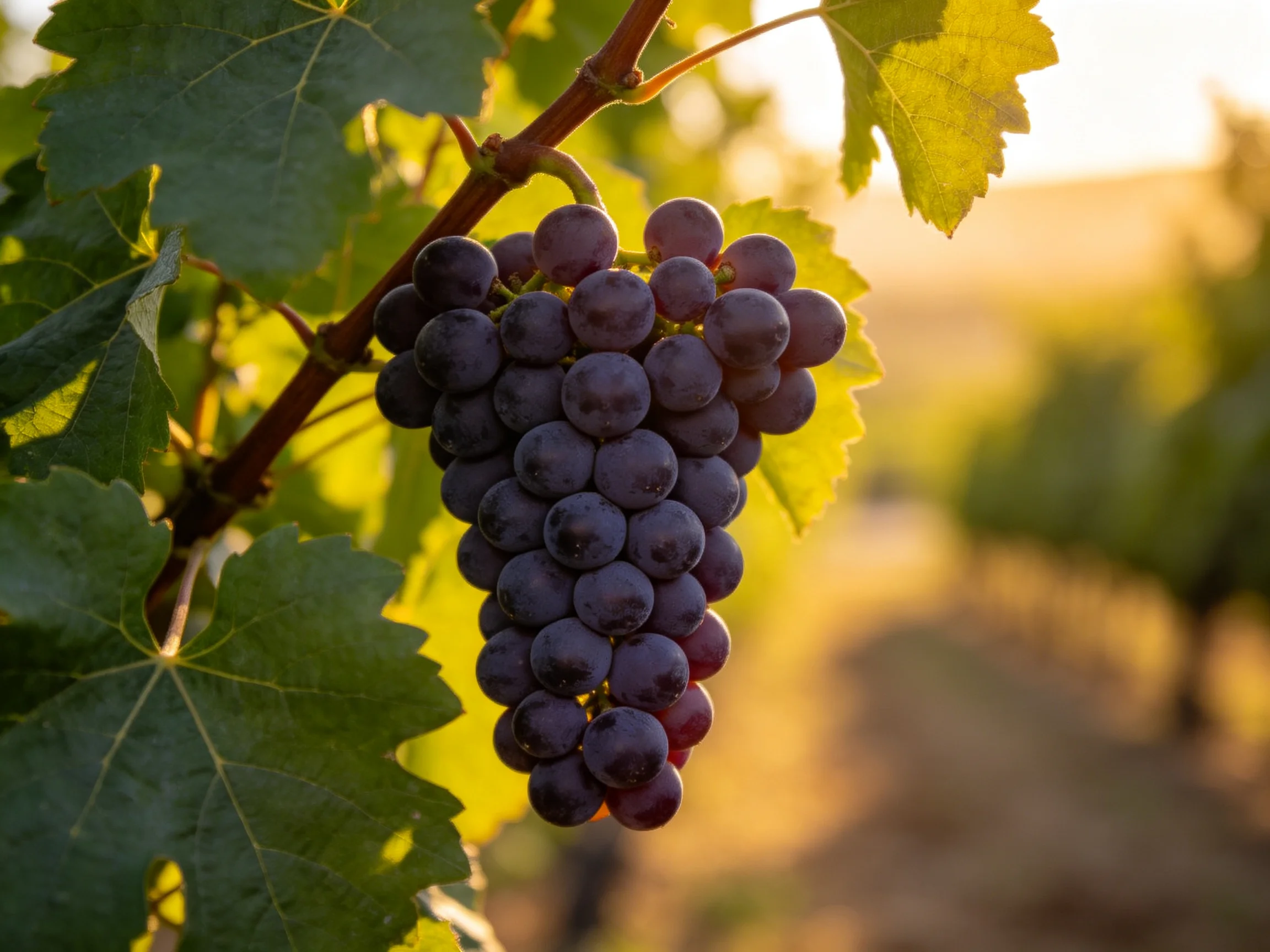 A cluster of deep purple grapes hangs from a vine amid golden sunlight