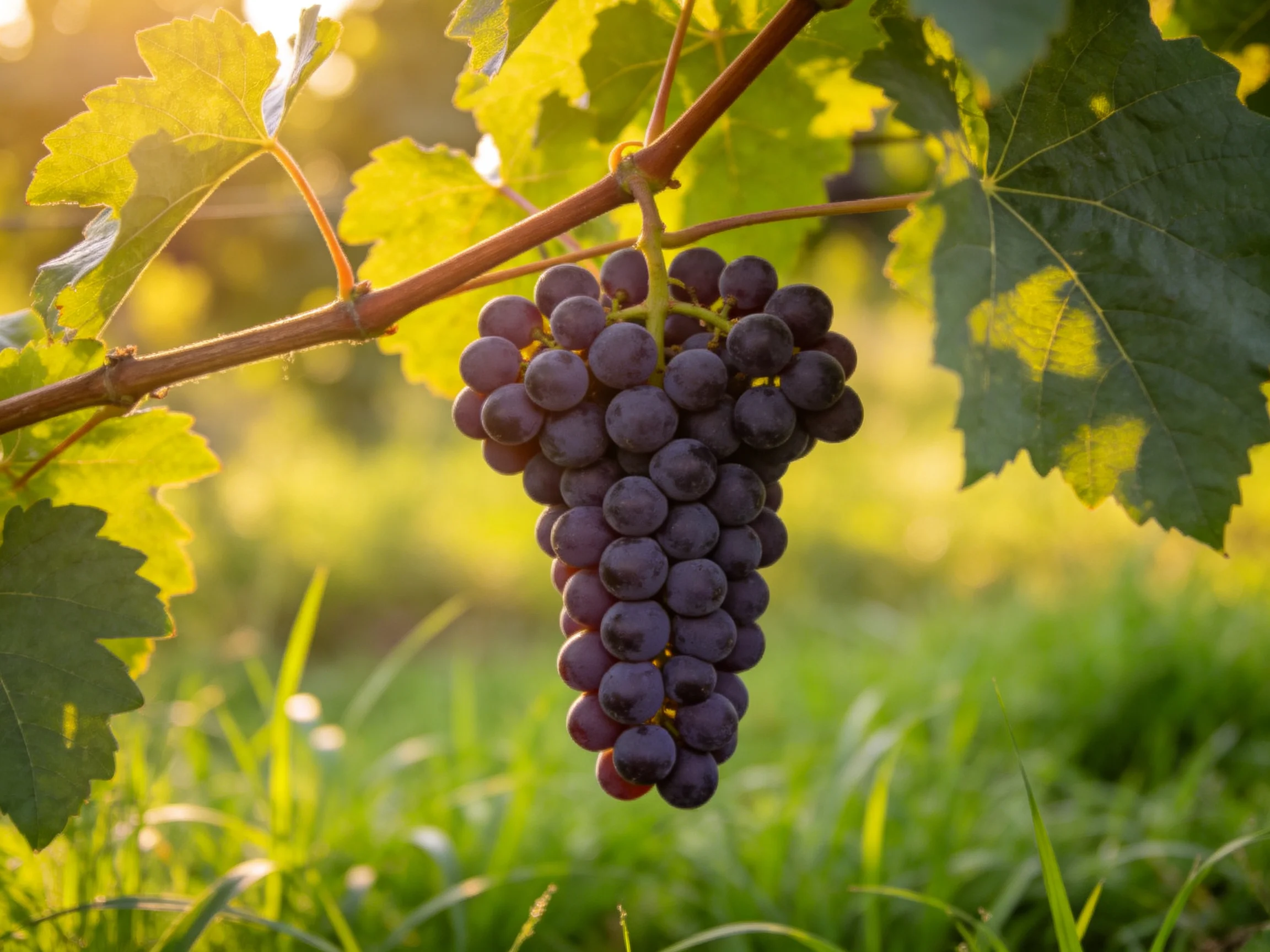 A cluster of deep purple grapes hangs from a vine amid golden sunlight