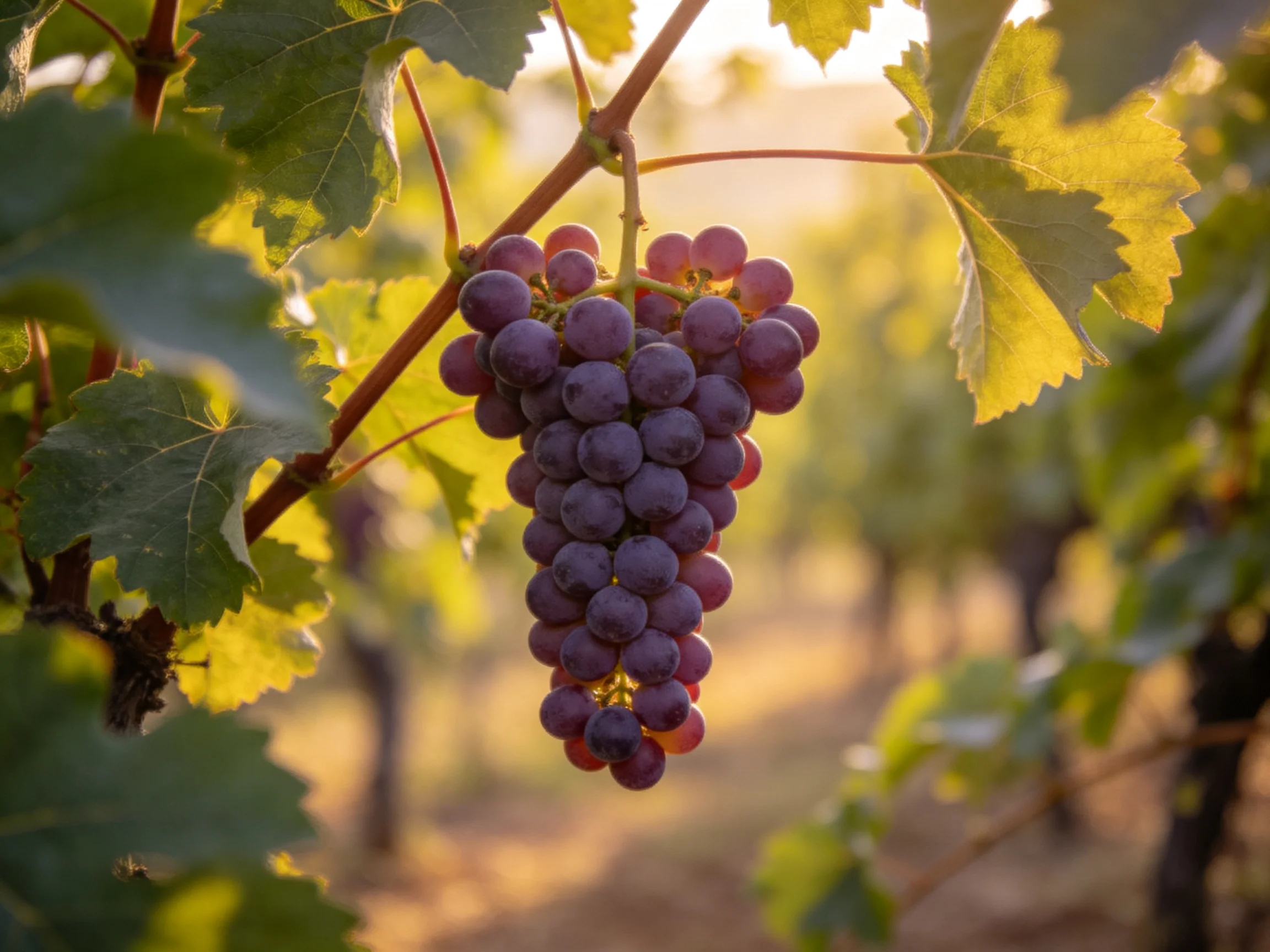 A cluster of deep purple grapes hangs from a vine amid golden sunlight.