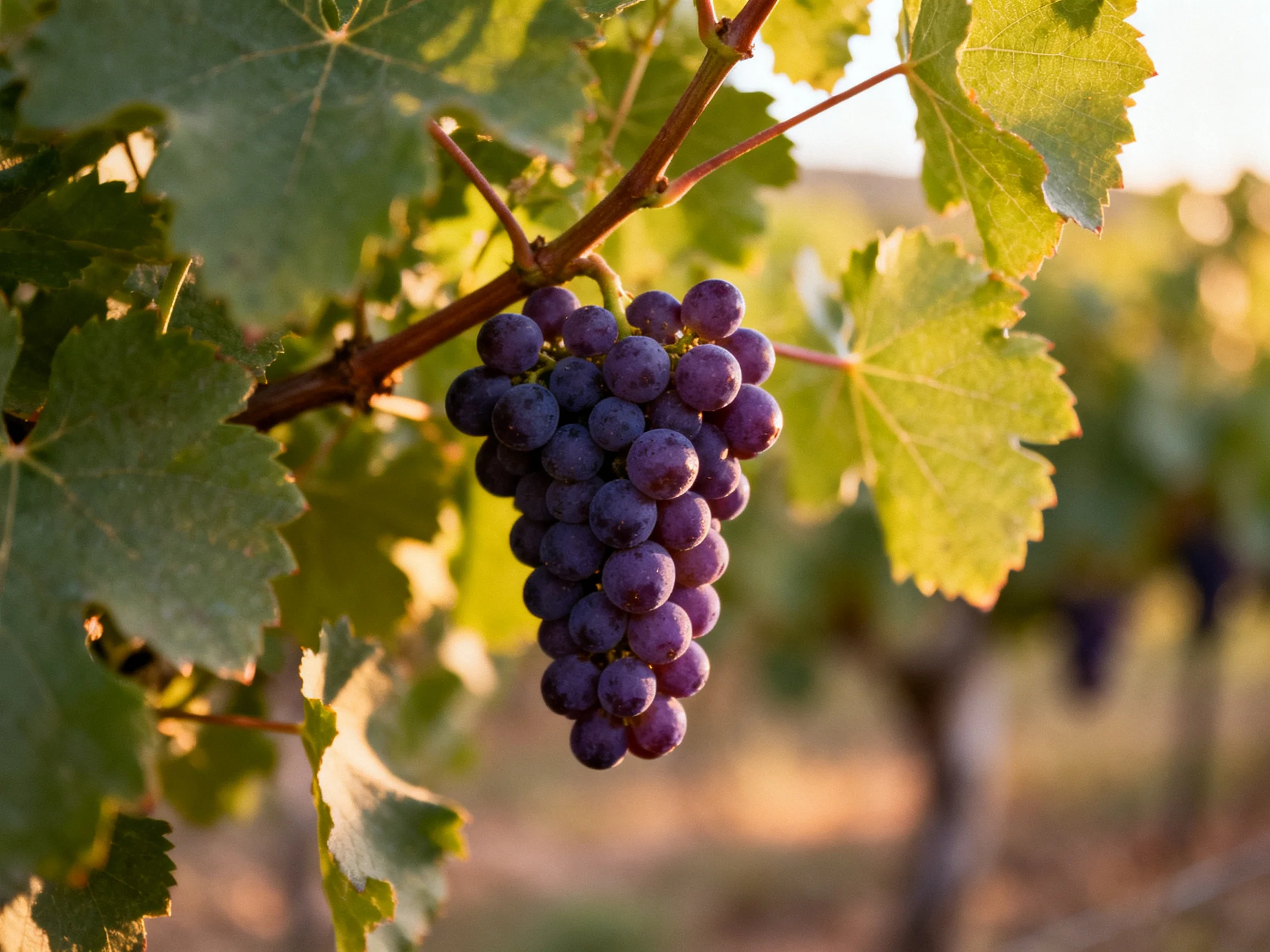 A cluster of deep purple grapes hangs from a vine amid green foliage