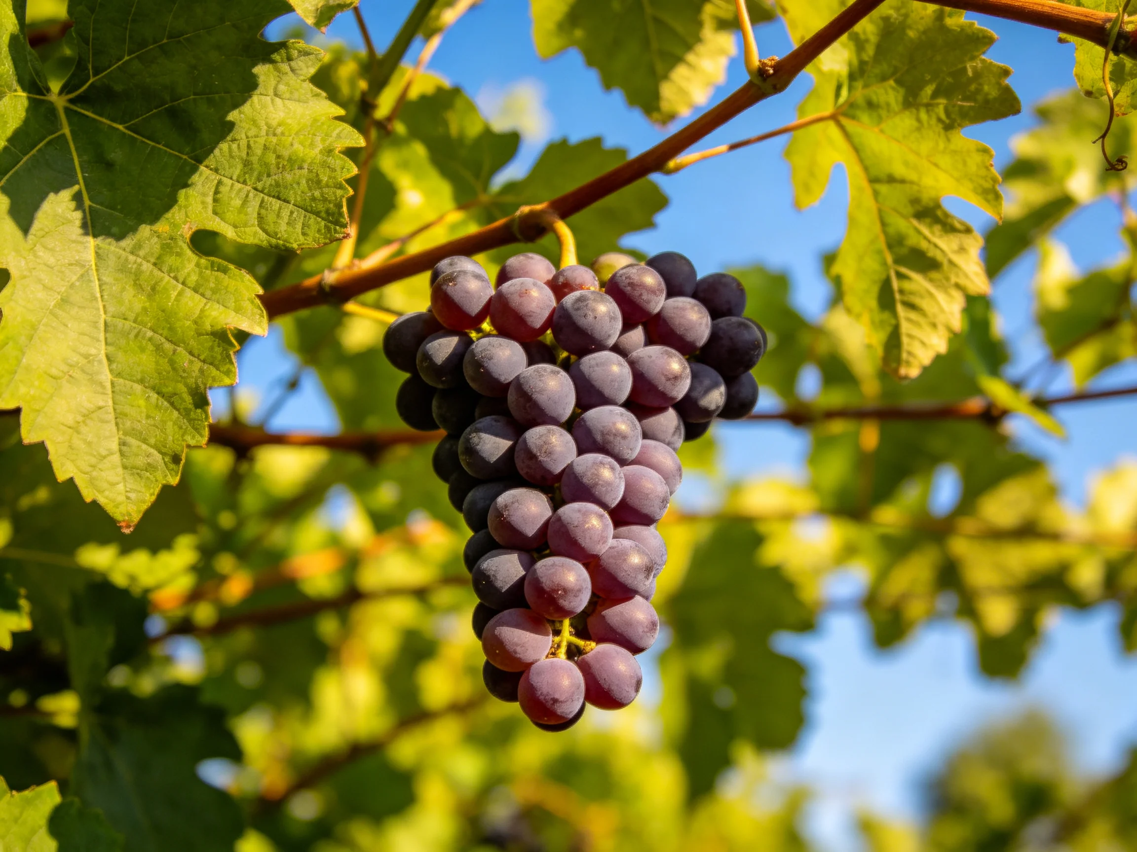 A cluster of deep purple grapes hangs from a vine amid green foliage