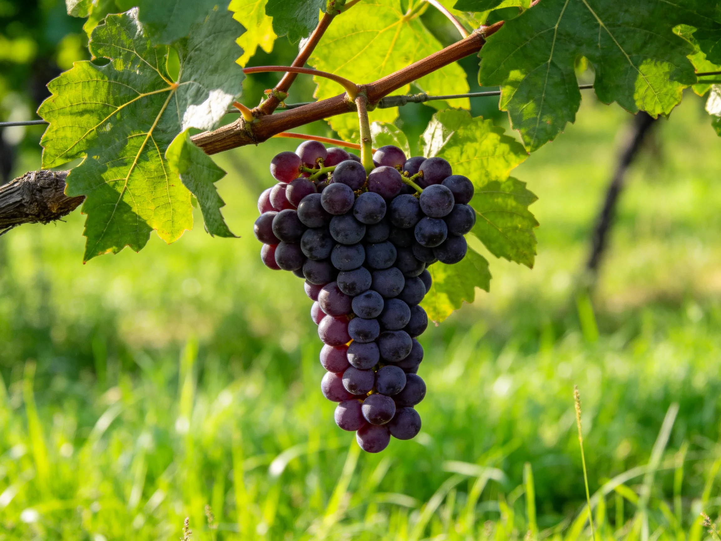 A cluster of deep purple grapes hangs from a vine amid lush green foliage