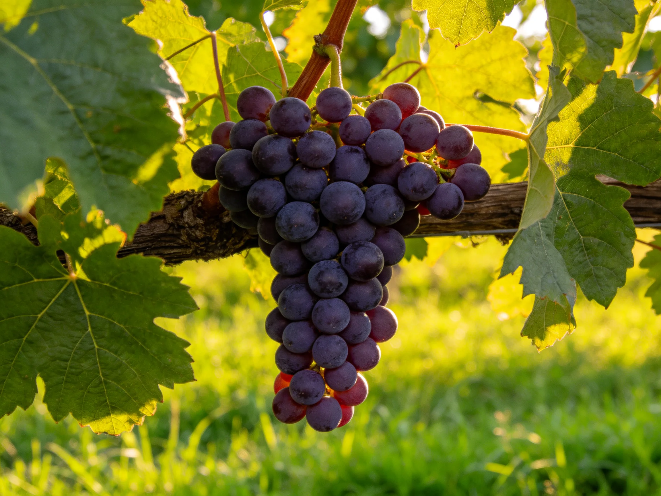 A cluster of deep purple grapes hangs from a vine amid lush green foliage.