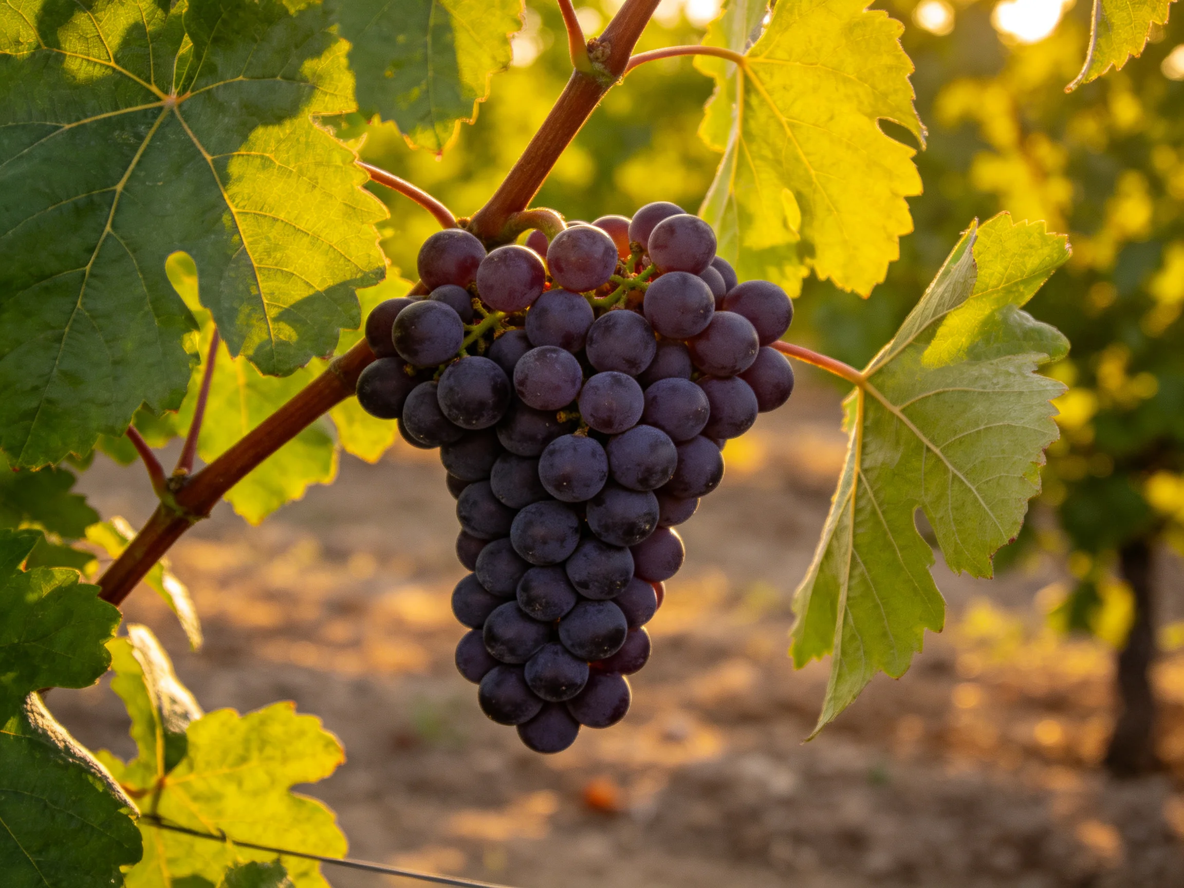 A cluster of deep purple grapes hangs from a vine amid sunlit green foliage