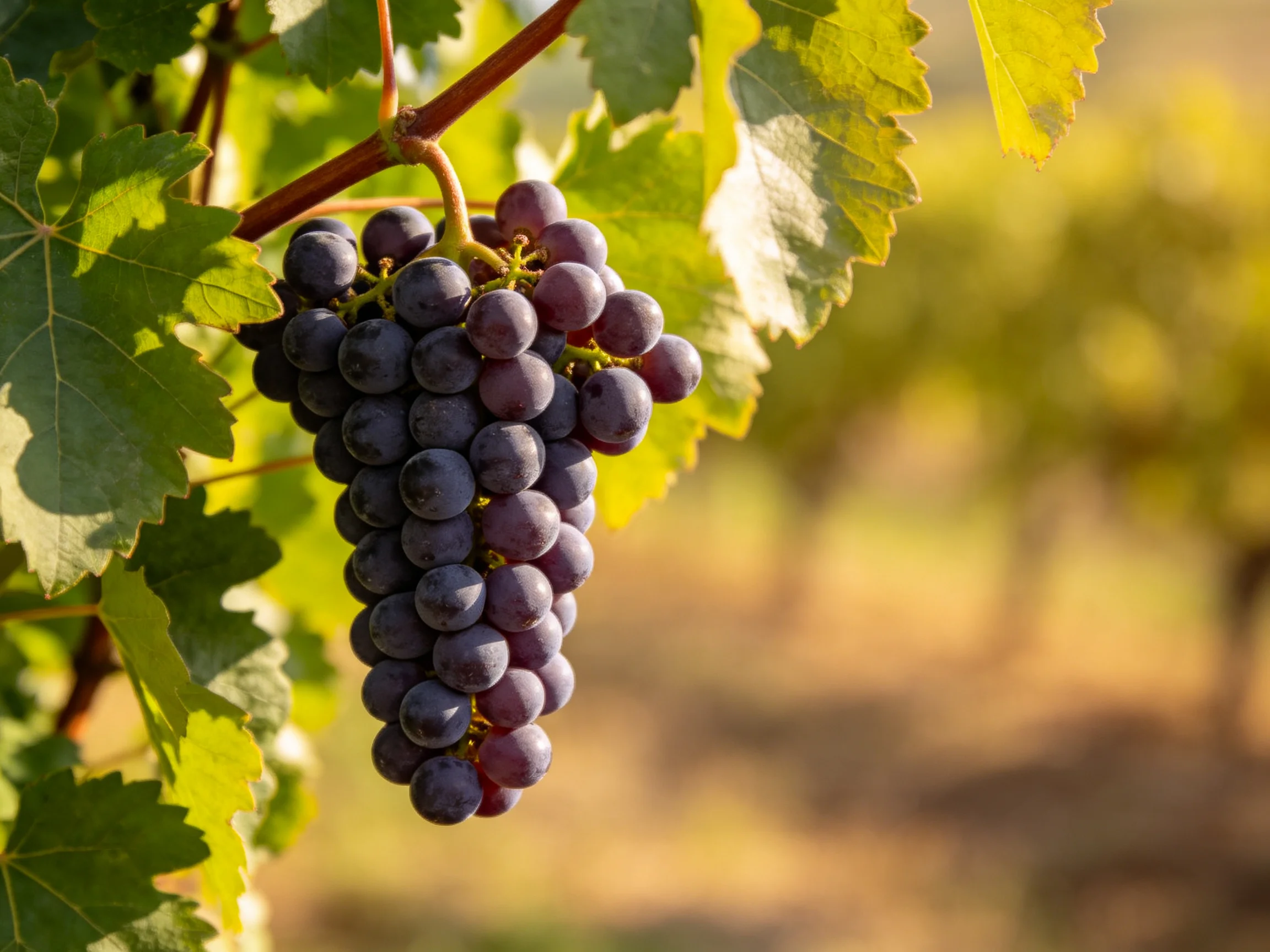A cluster of deep purple grapes hangs from a vine amidst green foliage