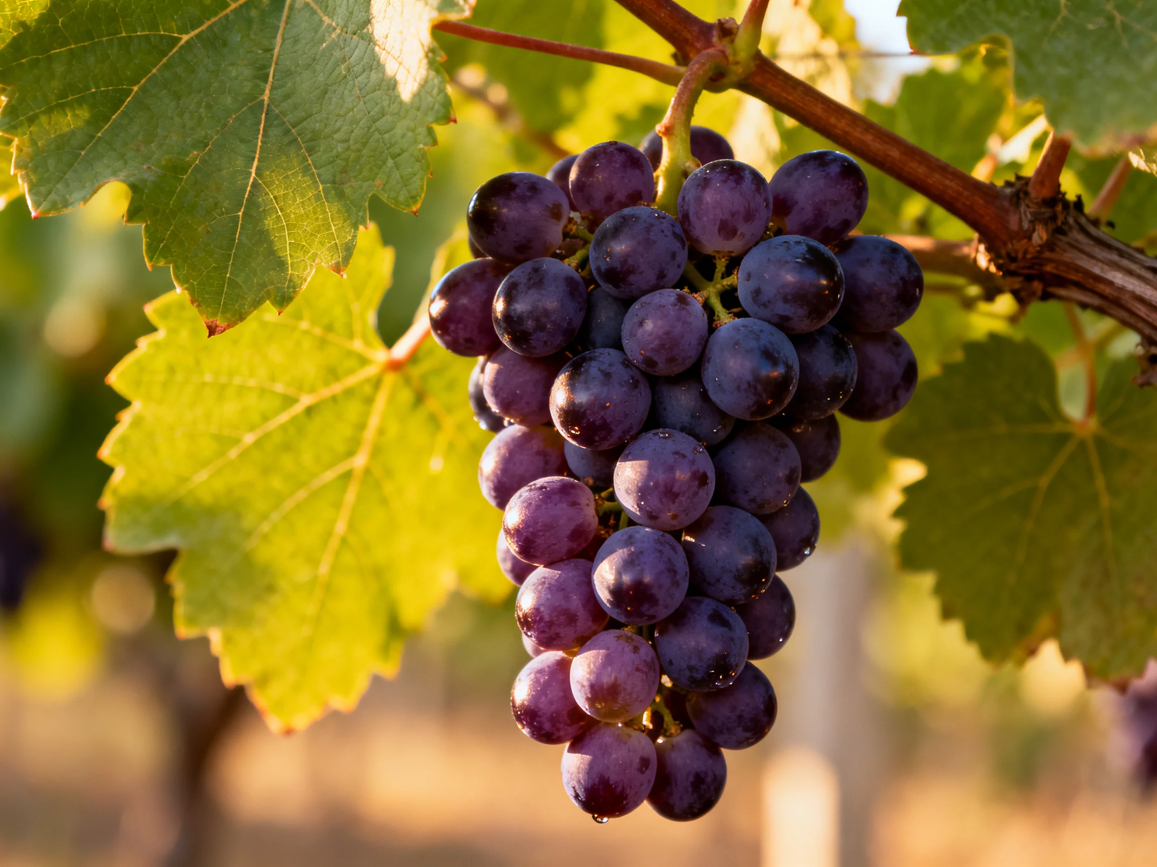 A cluster of deep purple grapes hangs from a vine amidst green foliage.