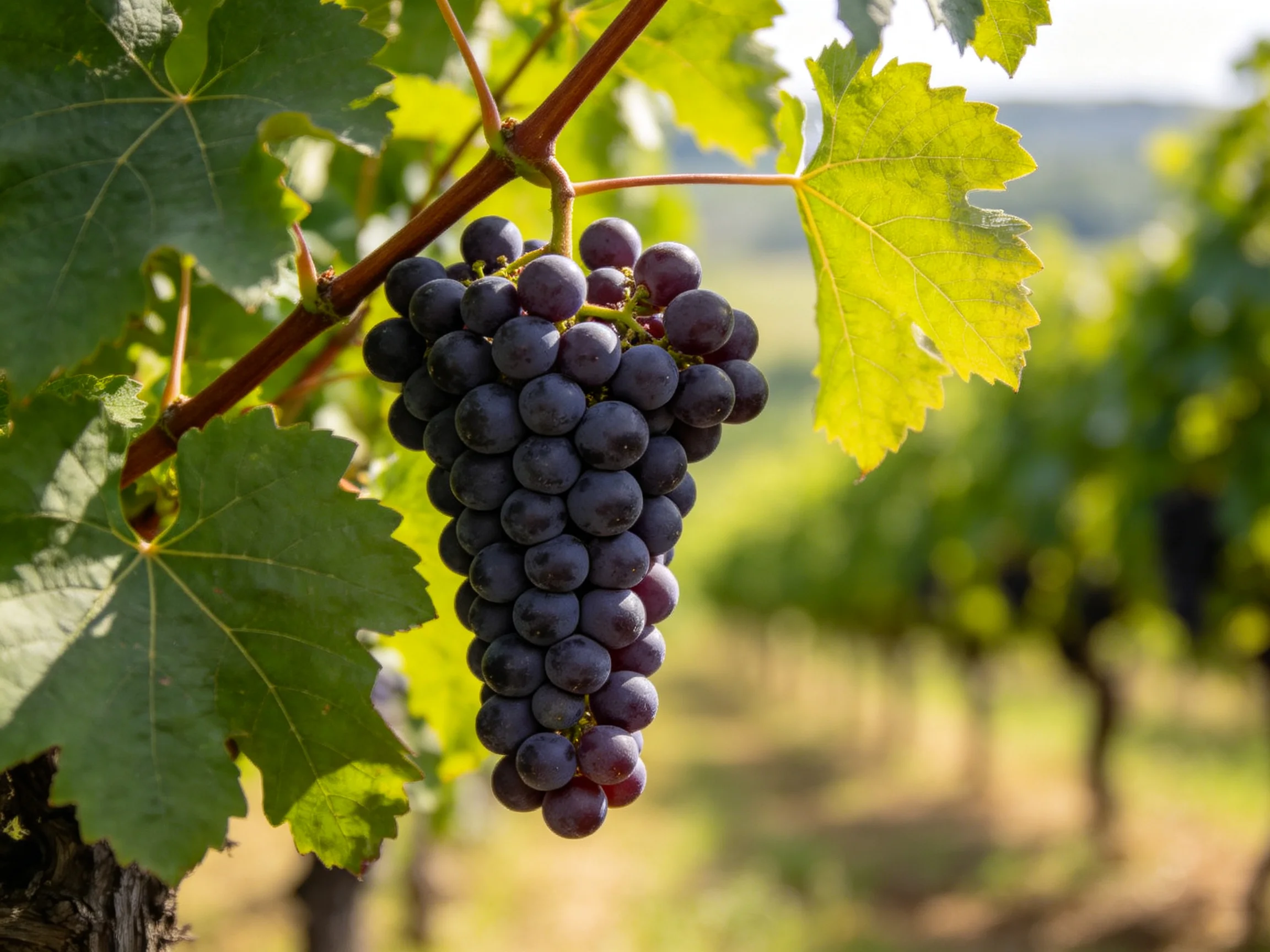 A cluster of deep purple grapes hangs from a vine amidst lush green foliage