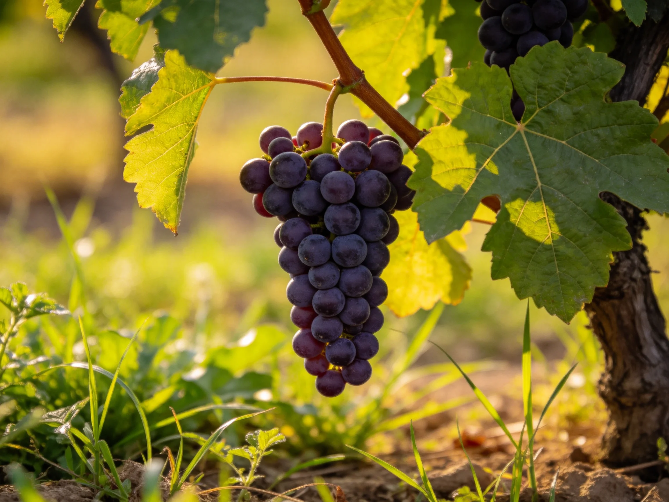 A cluster of deep purple grapes hangs from a vine amidst lush green foliage.