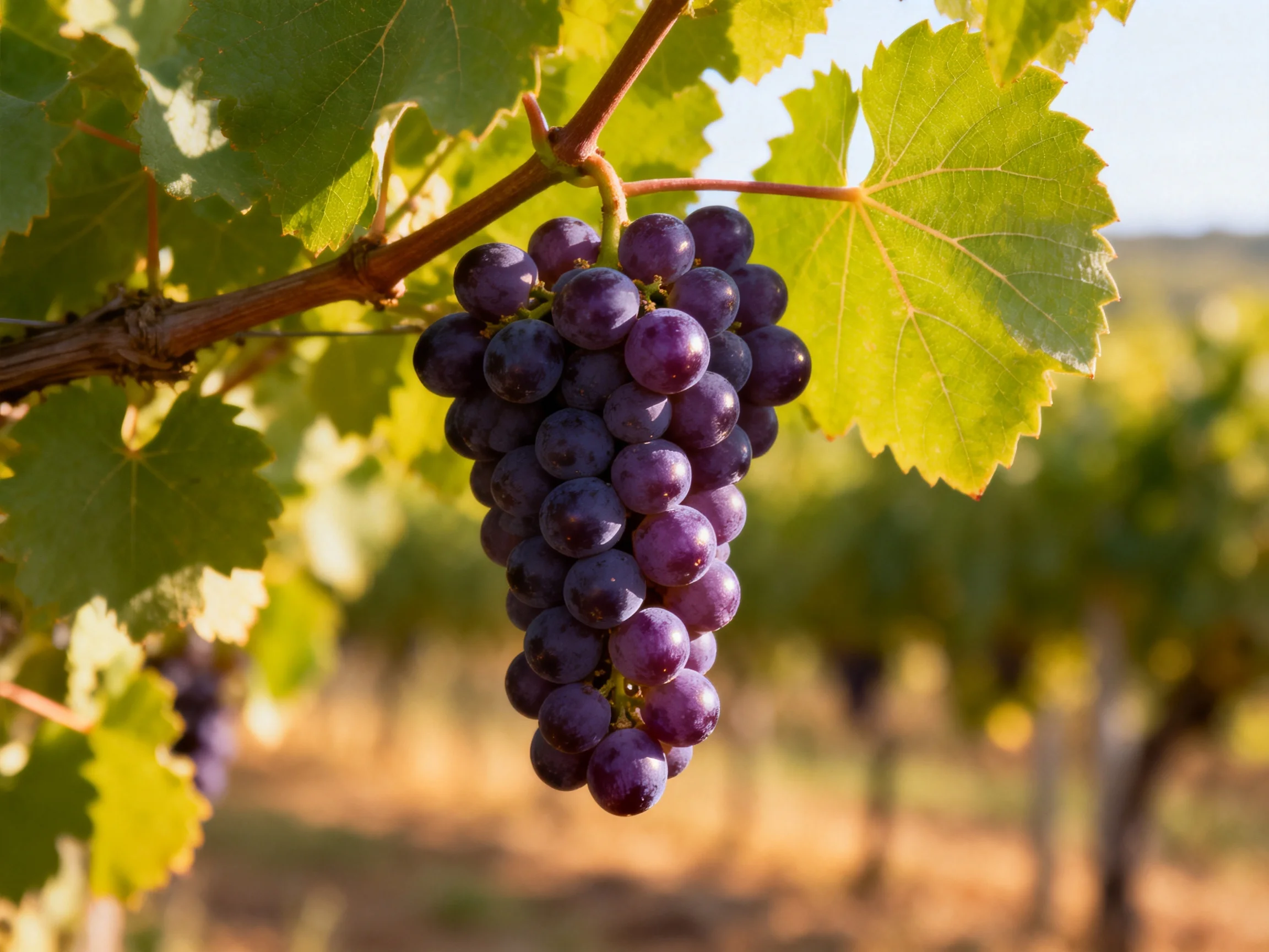 A cluster of deep purple grapes hangs from a vine amidst vibrant green foliage.