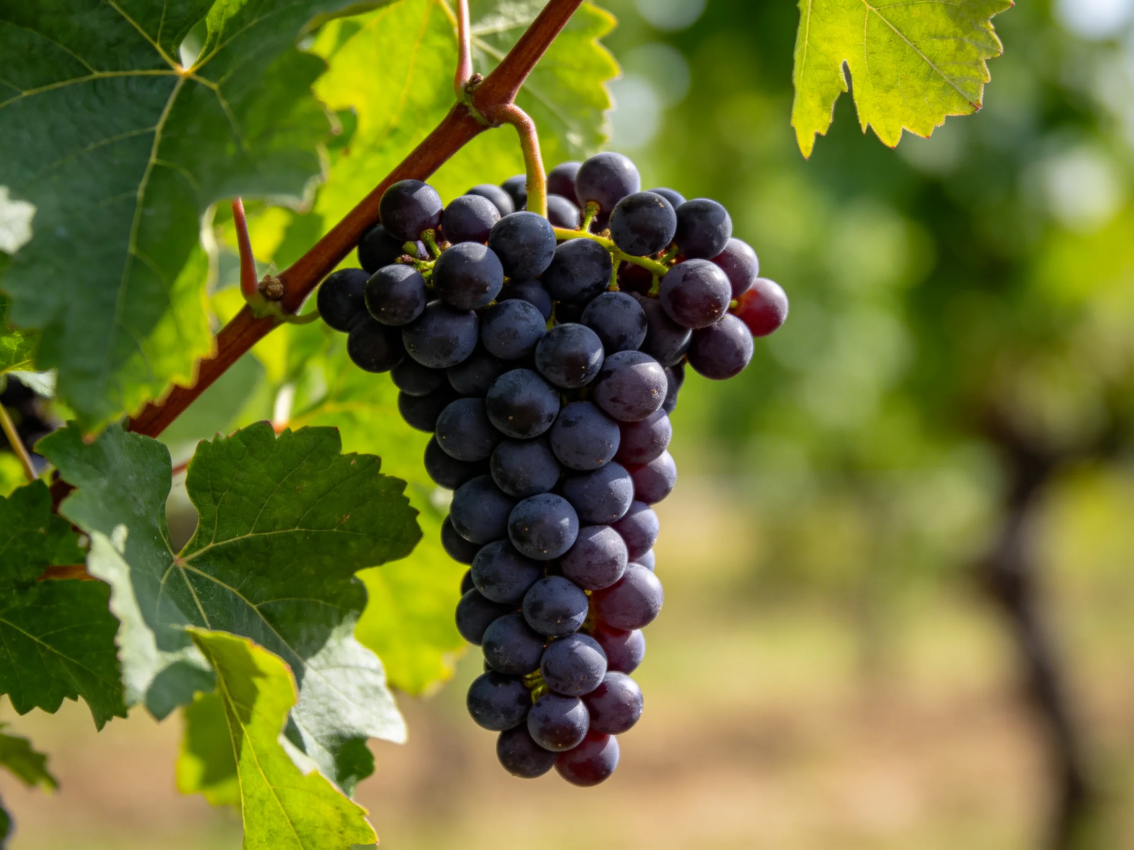 A cluster of deep purple grapes hangs from a vine among lush green leaves