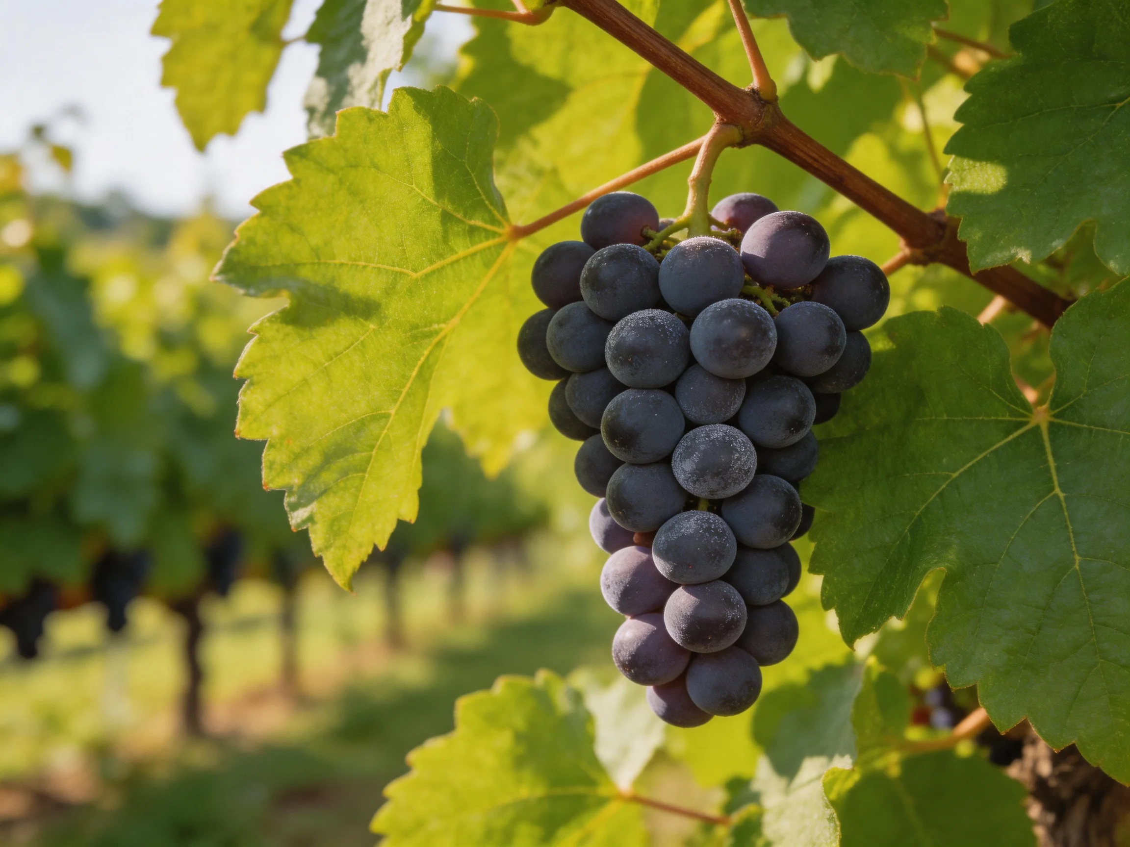 A cluster of deep purple grapes hangs from a vine in a sunlit vineyard