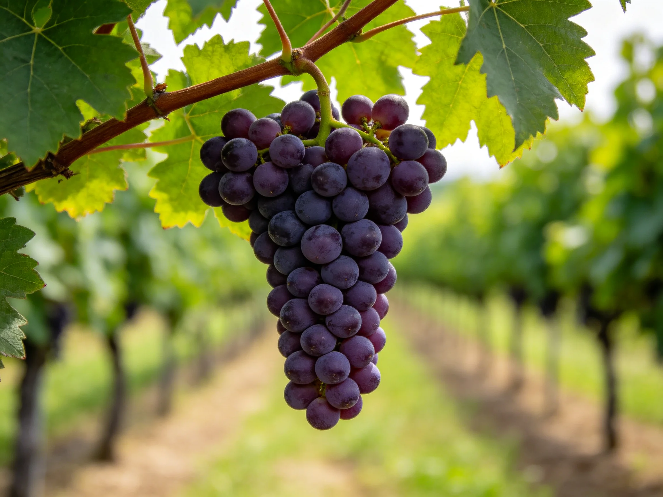 A cluster of deep purple grapes hangs from a vine in a sunlit vineyard