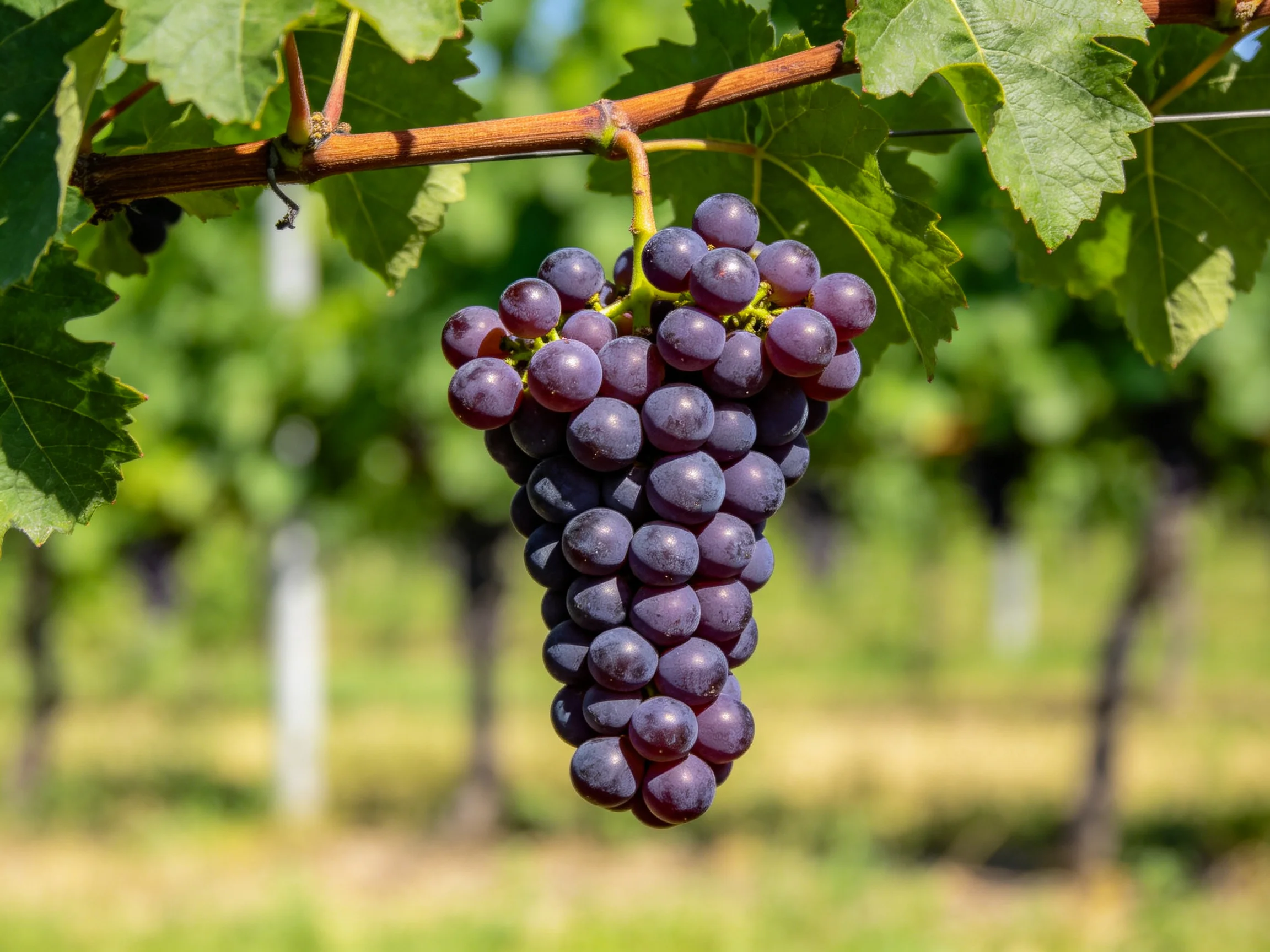 A cluster of deep purple grapes hangs from a vine in a sunlit vineyard
