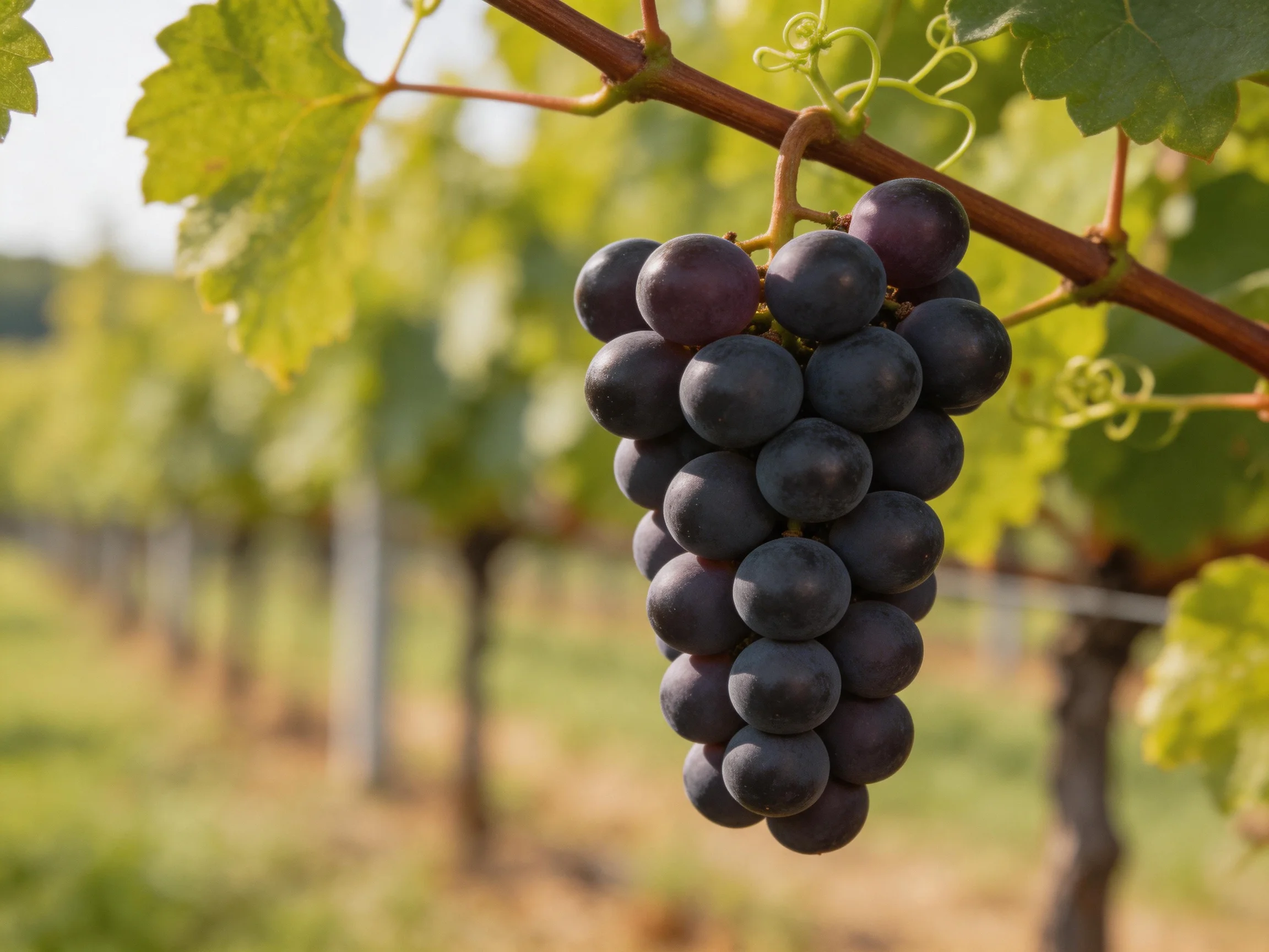 A cluster of deep purple grapes hangs from a vine in a sunlit vineyard