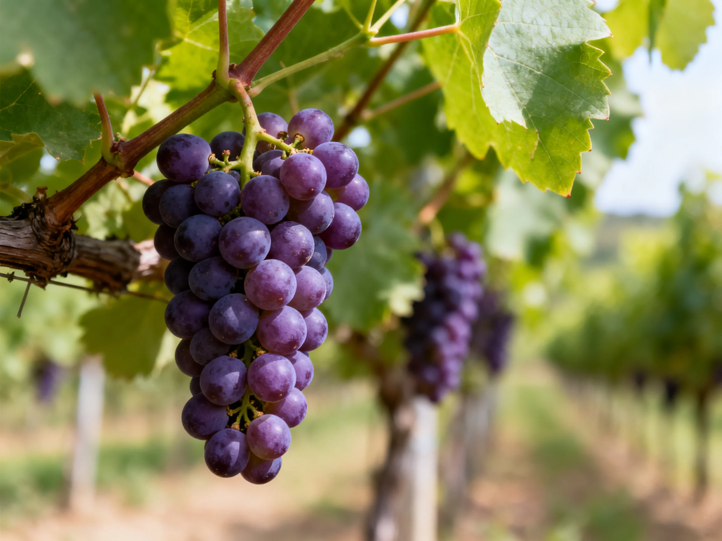 A cluster of deep purple grapes hangs from a vine in a sunlit vineyard