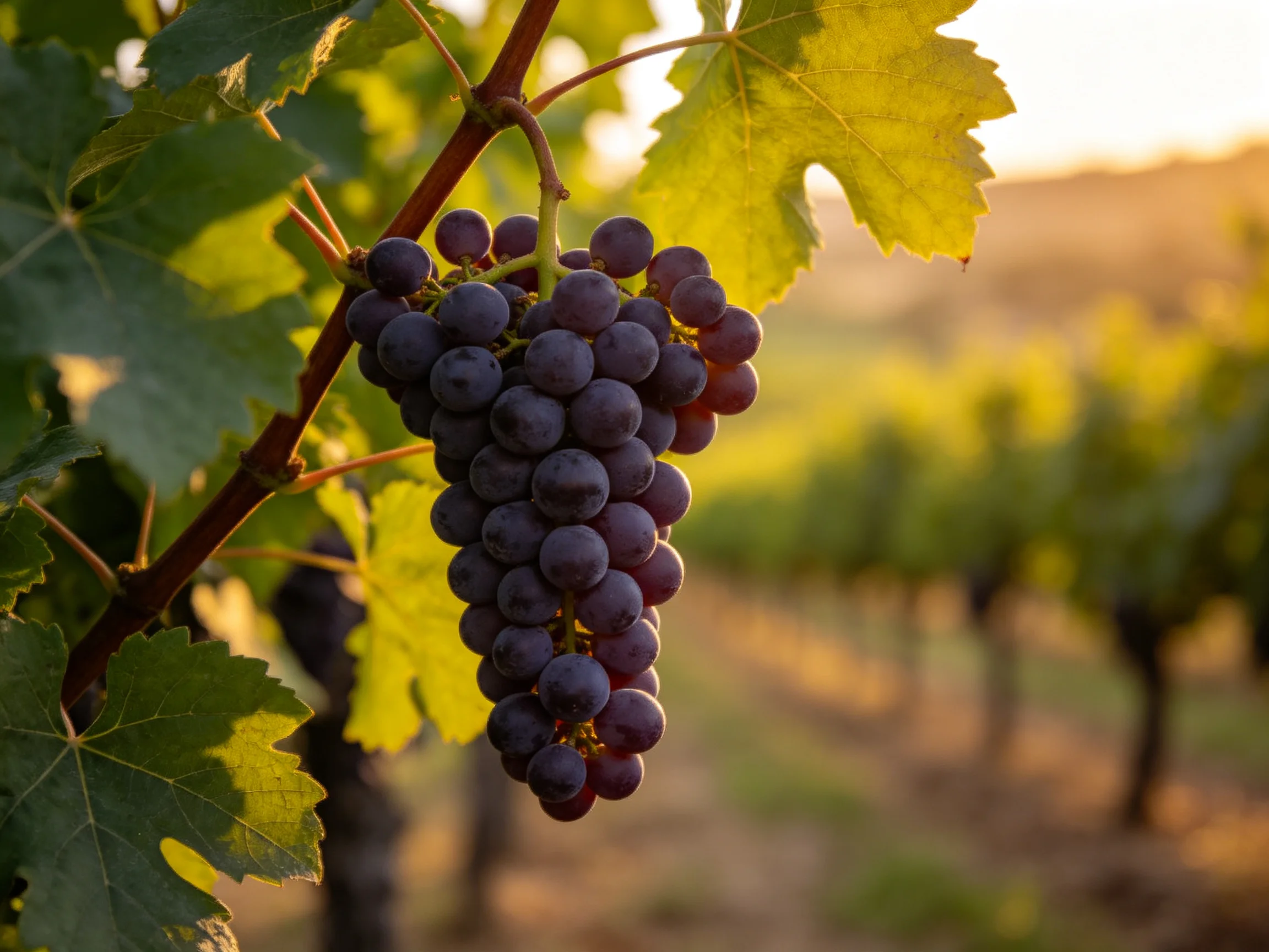 A cluster of deep purple grapes hangs from a vine in a sunlit vineyard
