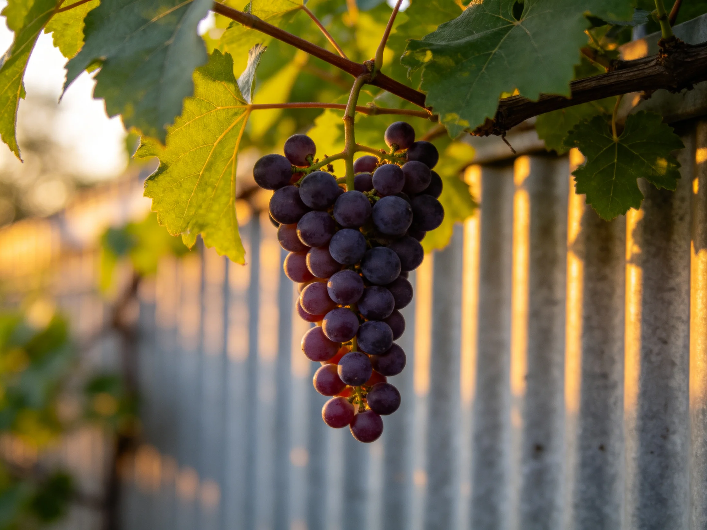 A cluster of deep purple grapes hangs from a vine near a corrugated fence