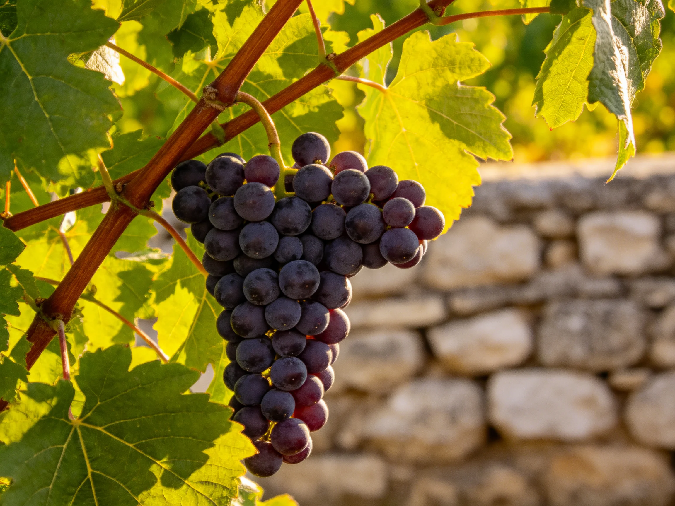 A cluster of deep purple grapes hangs from a vine near a stone wall