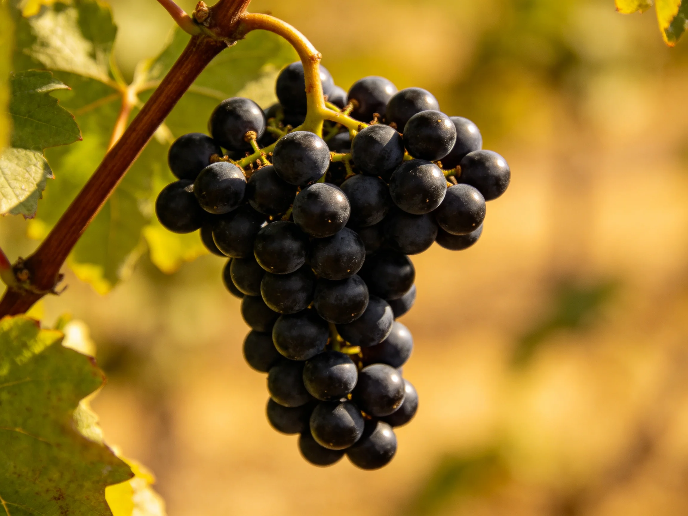 A cluster of deep purple grapes hangs from a vine with green foliage.