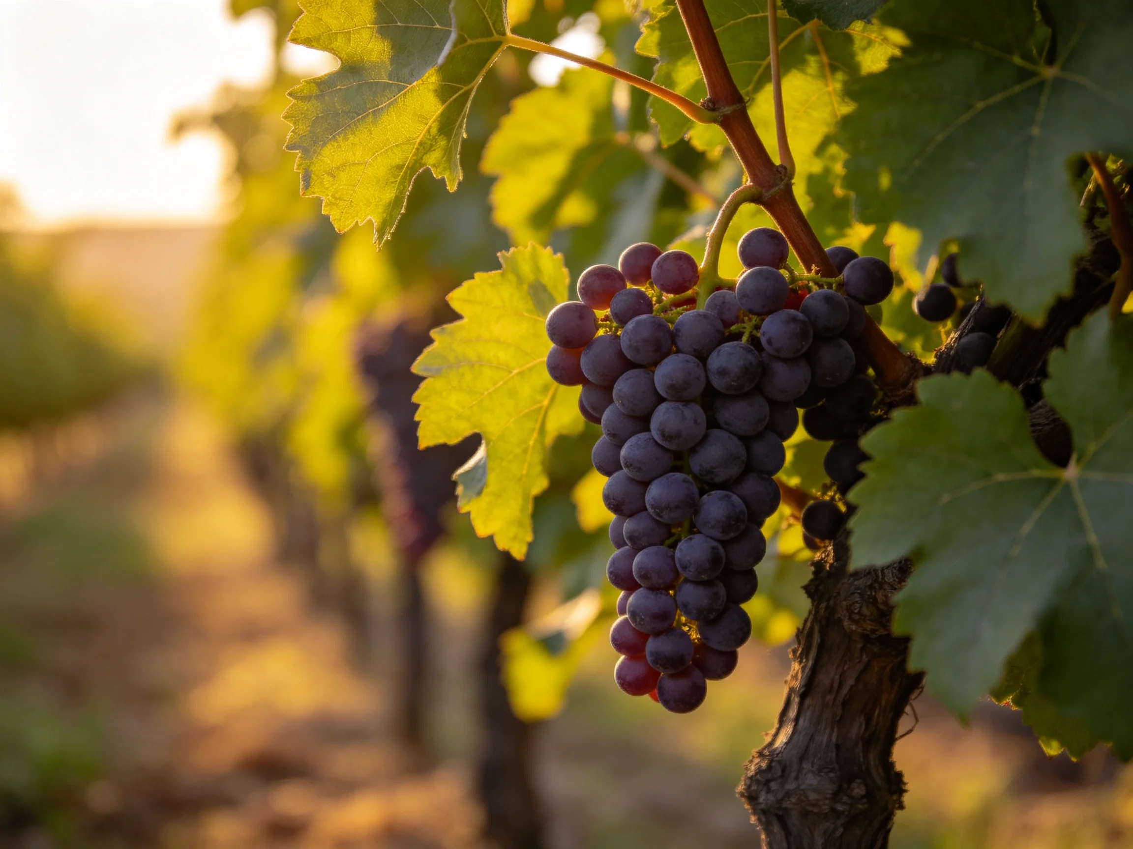 A cluster of deep purple grapes hangs from a vineyard branch during golden hour