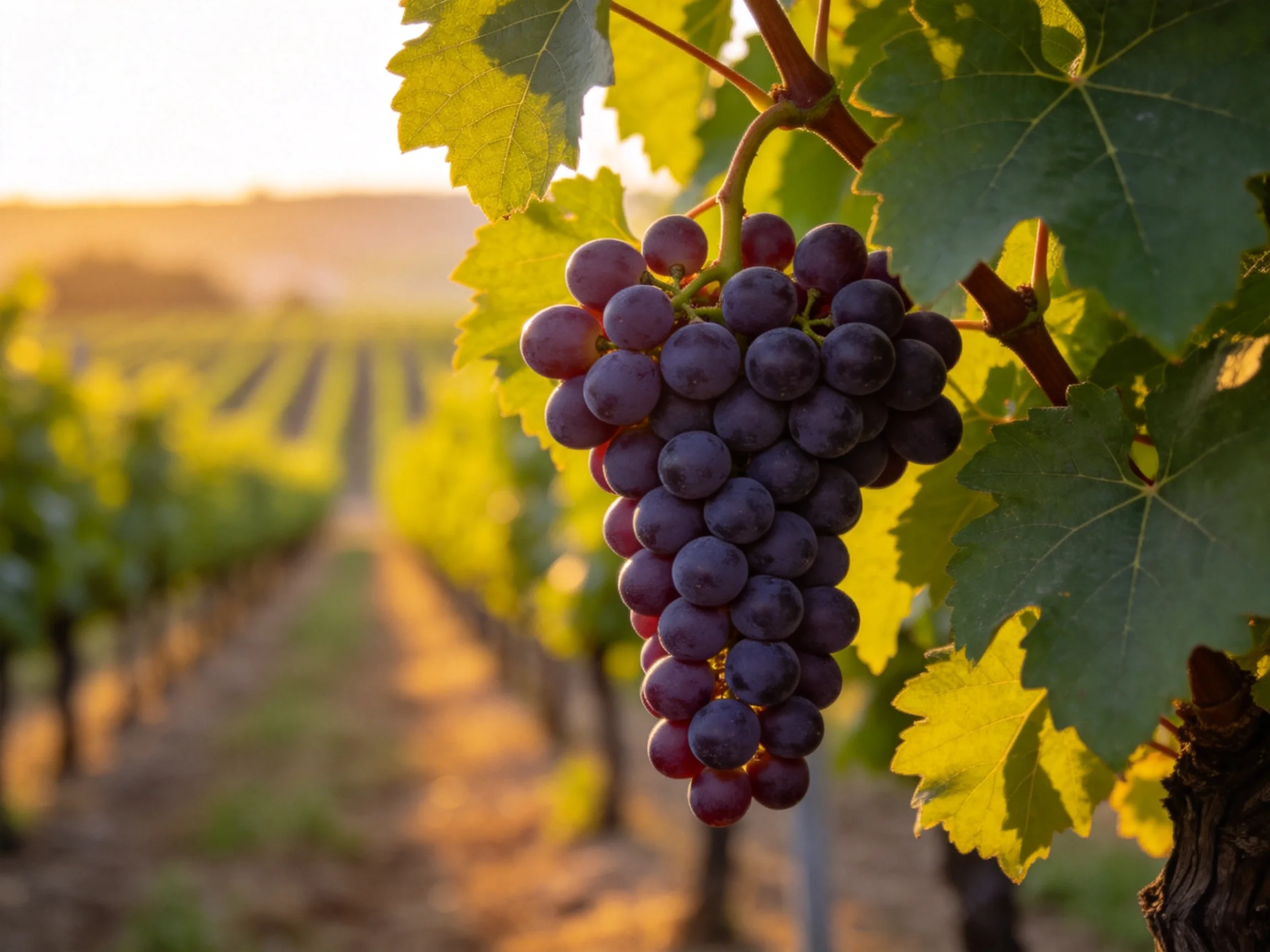 A cluster of deep purple grapes hangs from a vineyard vine atsunset